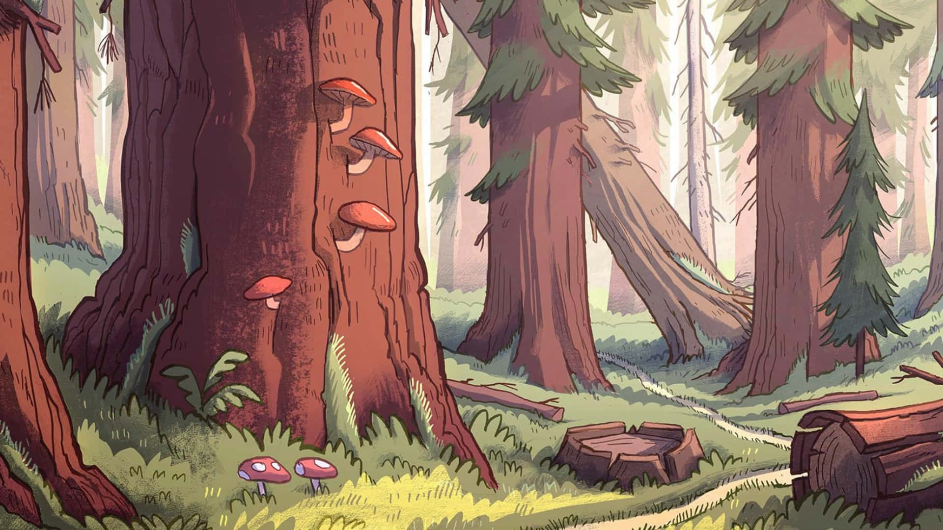 Cartoon Forest Trees, giant trees, red mushrooms, Full HD Desktop Wallpaper