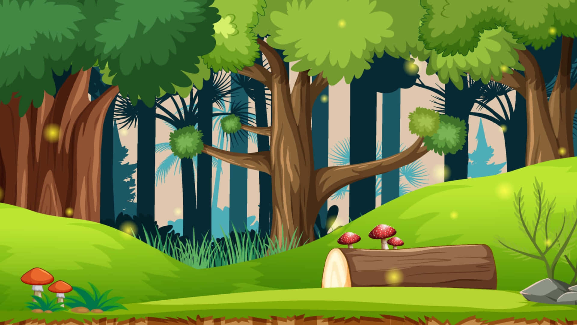 cartoon forest scene, lush green trees, glowing mushrooms, Full HD Desktop Wallpaper