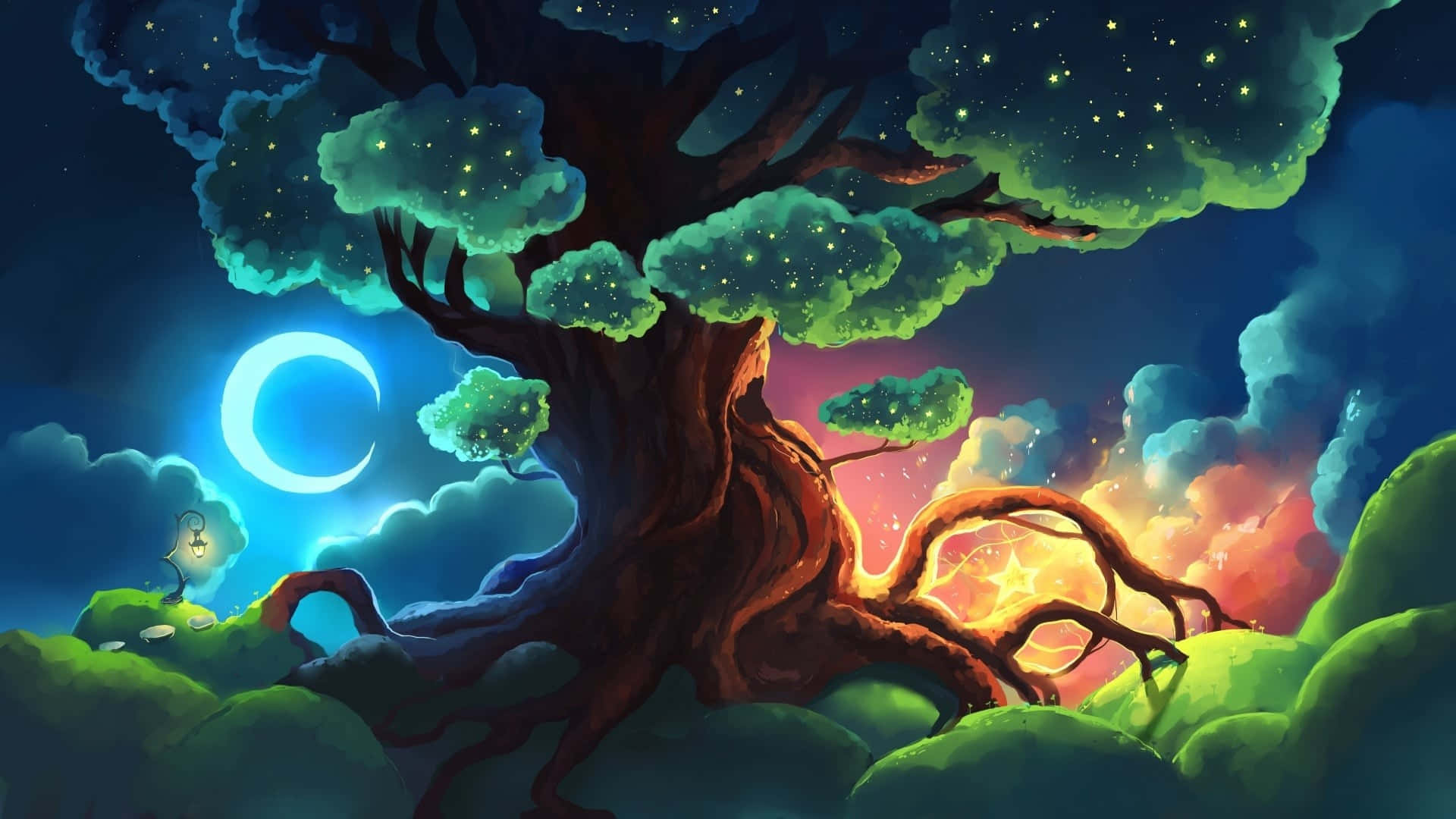 magical cartoon tree scene, ancient tree, glowing green leaves, Full HD Desktop Wallpaper