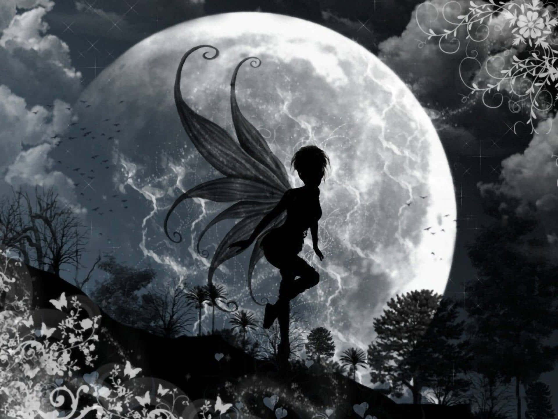 moonlit sky, swirling clouds, fairy silhouette, Full HD Desktop Wallpaper