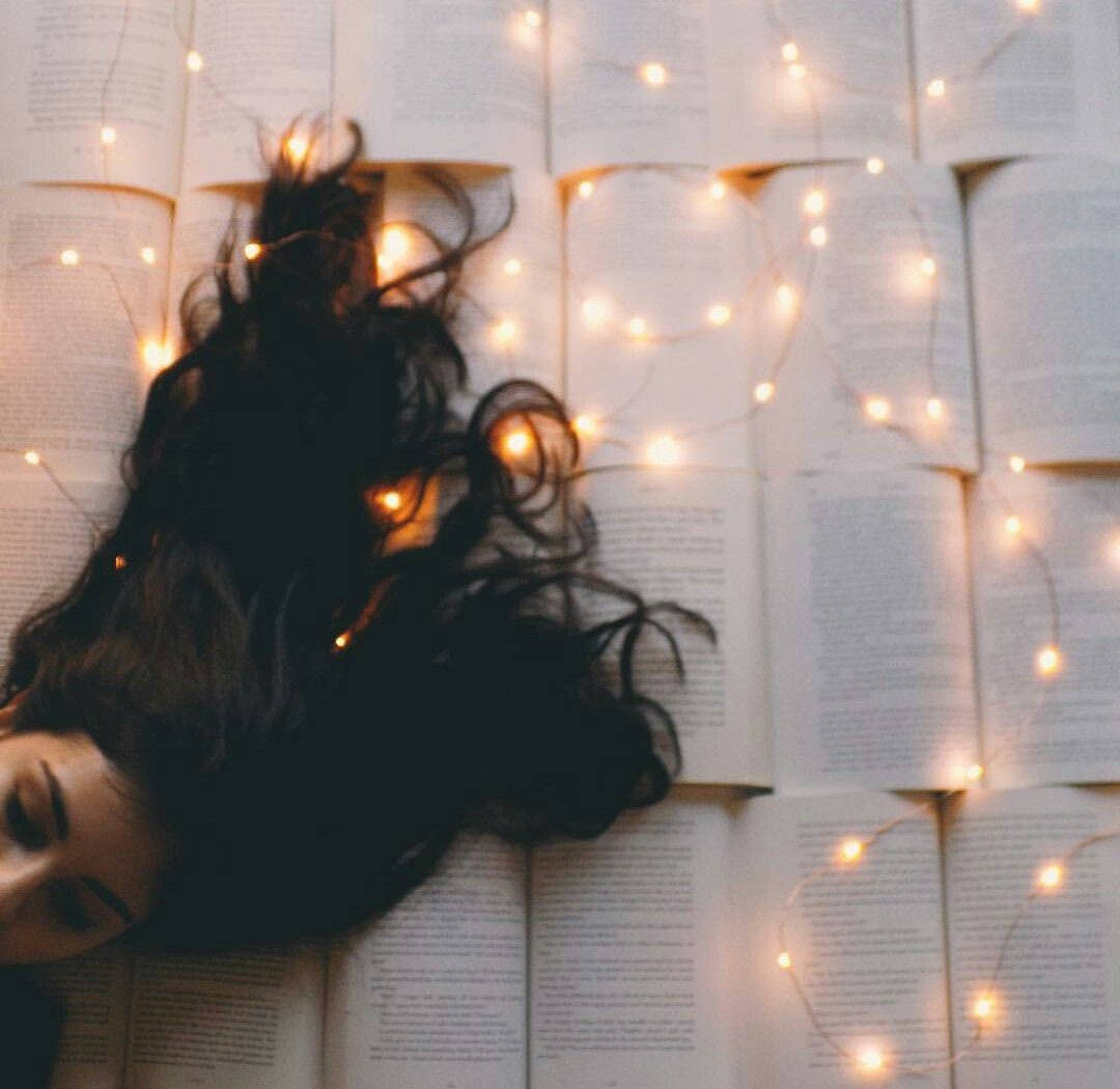 fairy lights, warm string lights, wall of open books, SD Desktop Wallpaper