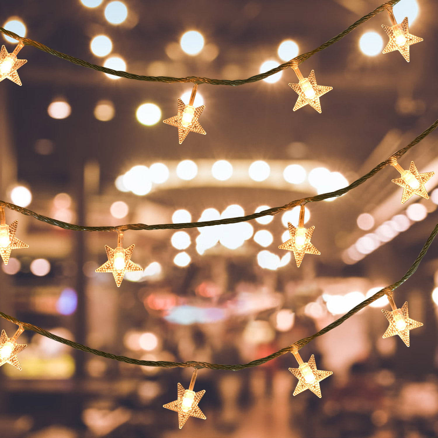fairy lights, golden star-shaped string lights, nighttime city backdrop, HD Desktop Wallpaper