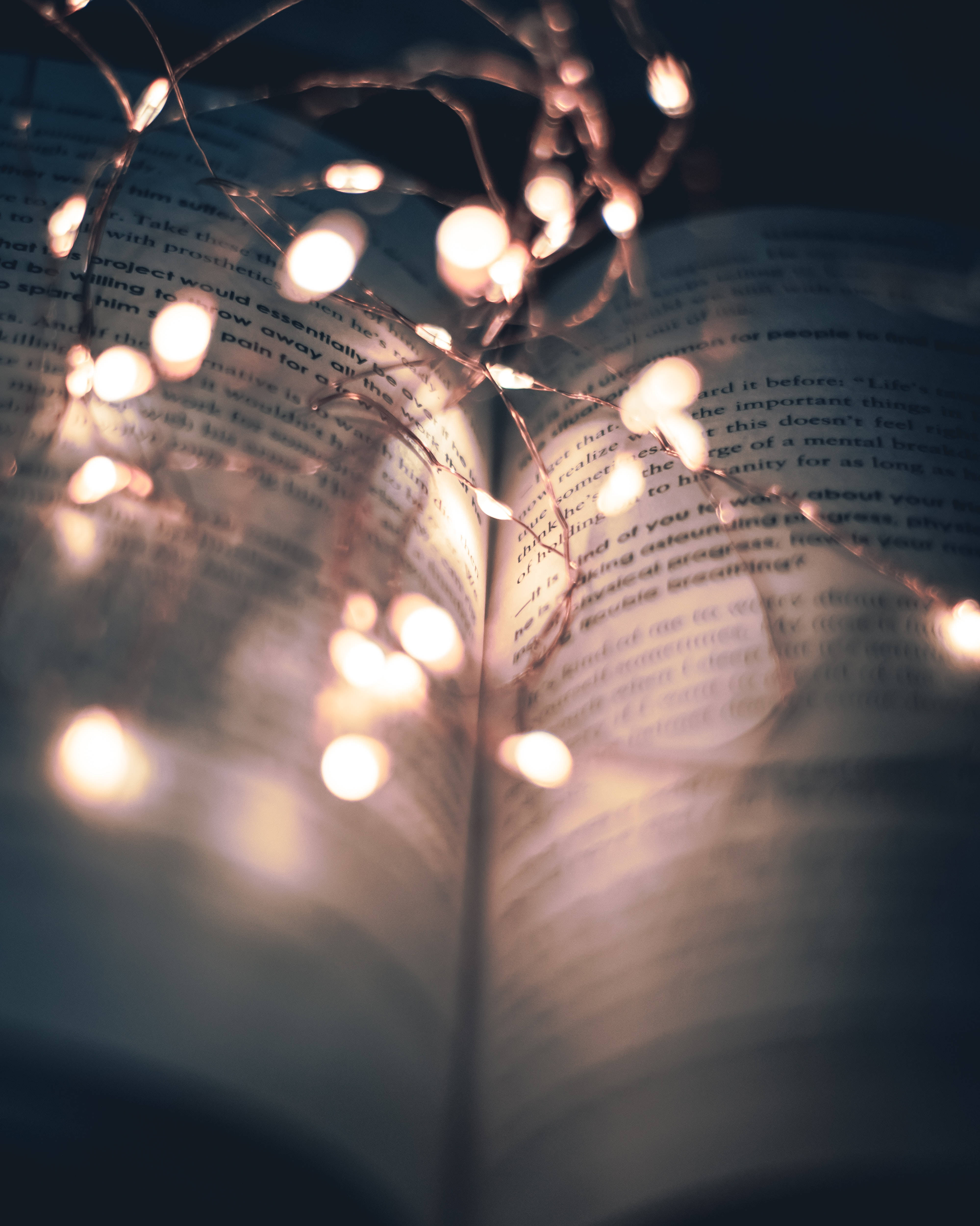 fairy lights, book, open pages, 4K Phone Wallpaper