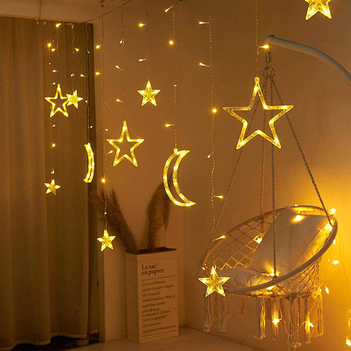 fairy lights, star and moon string lights, macrame chair, SD Desktop Wallpaper