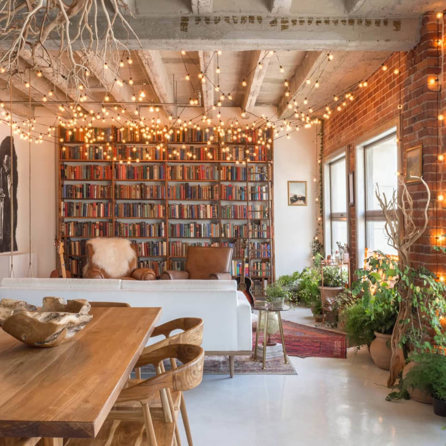 fairy lights, cozy rustic living space, exposed beams, HD Desktop Wallpaper