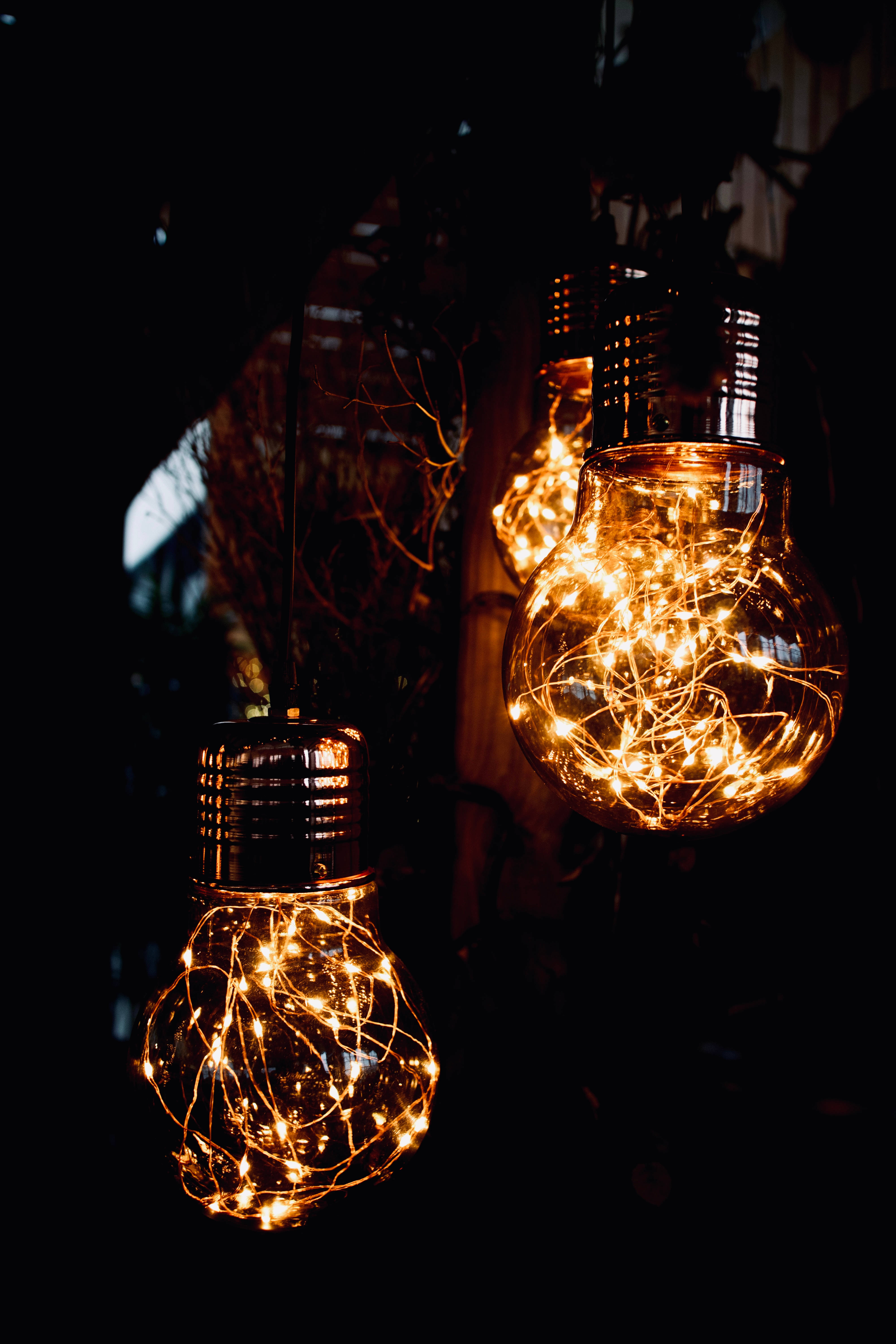 fairy lights, vintage glass bulbs, dark, 5K Phone Wallpaper