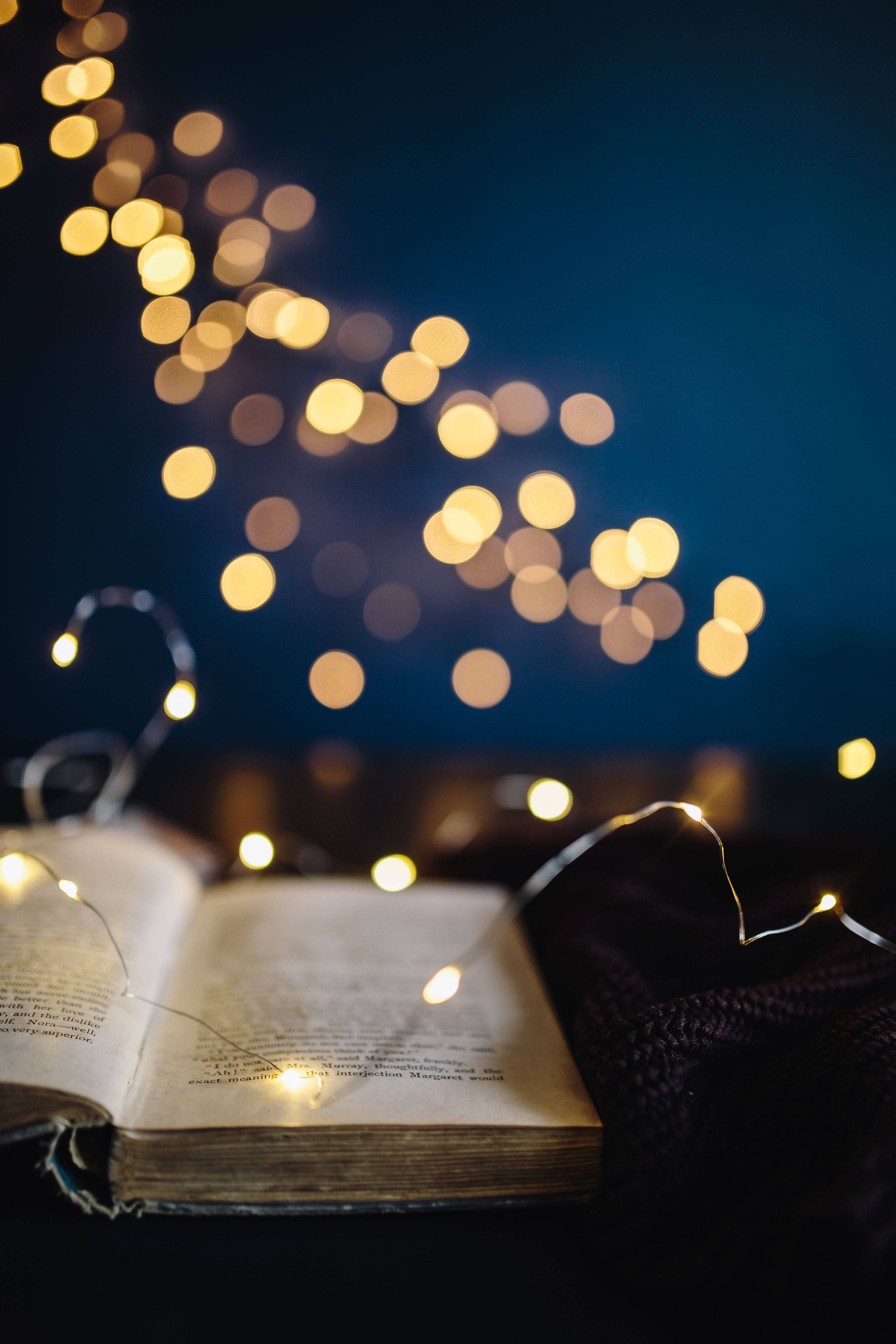 fairy lights, open book, deep blue night backdrop, 5K Phone Wallpaper