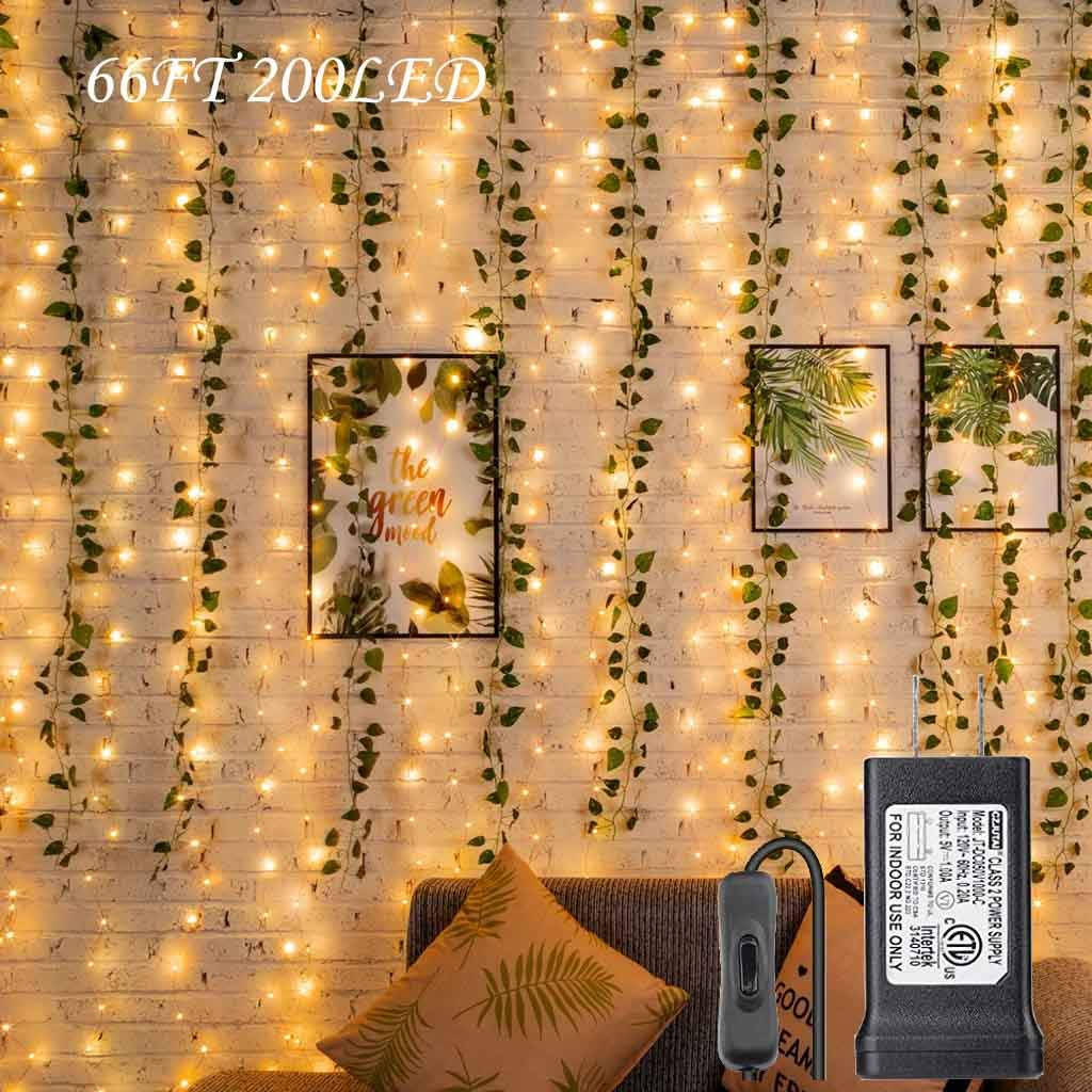 fairy lights, green vines, white brick wall, SD Desktop Wallpaper