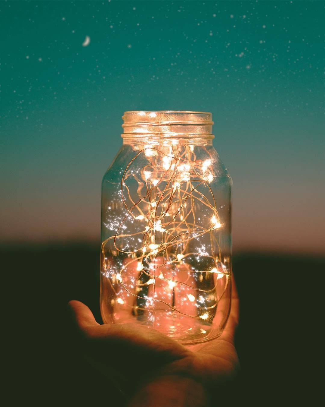 fairy lights, glass jar, starry twilight sky, HD Phone Wallpaper
