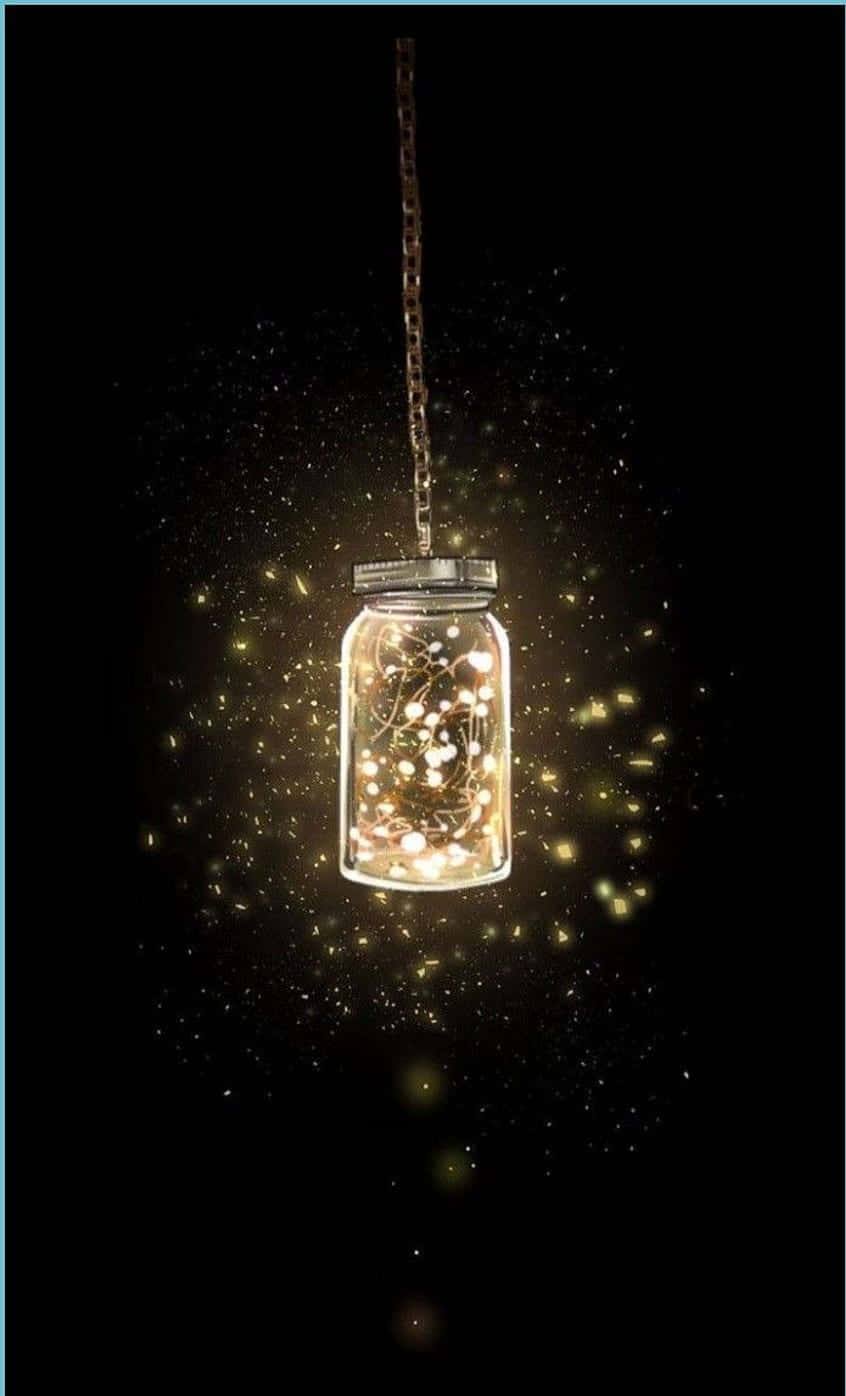 mason jar pendant light, twinkling fairy lights, golden particles, HD Phone Wallpaper