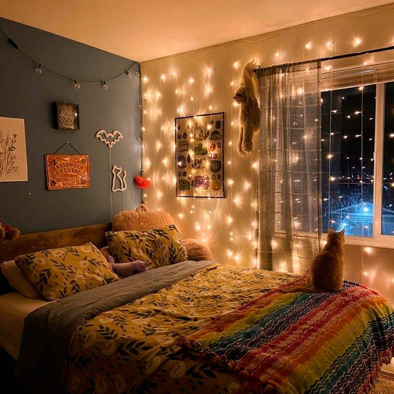 fairy lights, cozy bedroom, night, SD Desktop Wallpaper