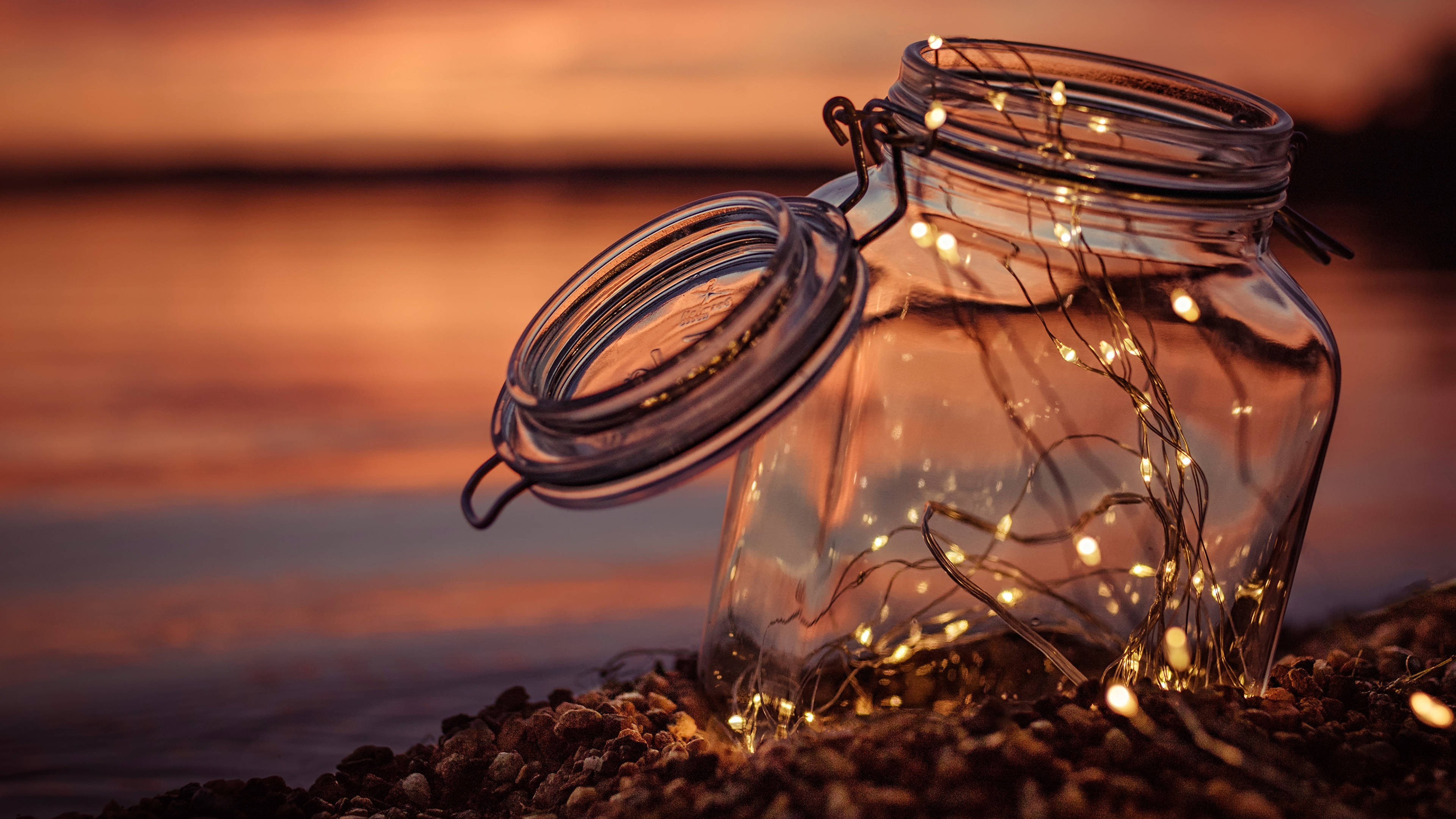 fairy lights, glass jar, pebbled shore, 4K Desktop Wallpaper
