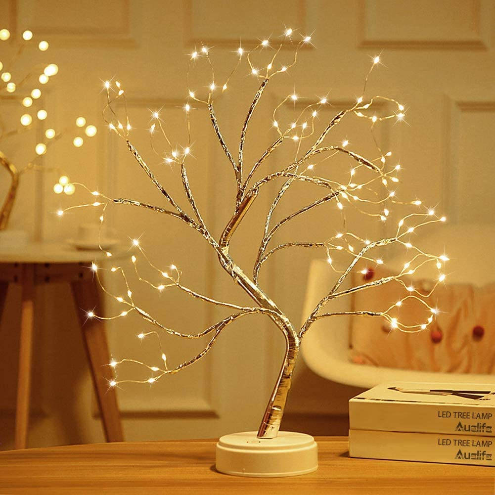 LED tree lamp, twinkling white lights, wooden table, SD Desktop Wallpaper
