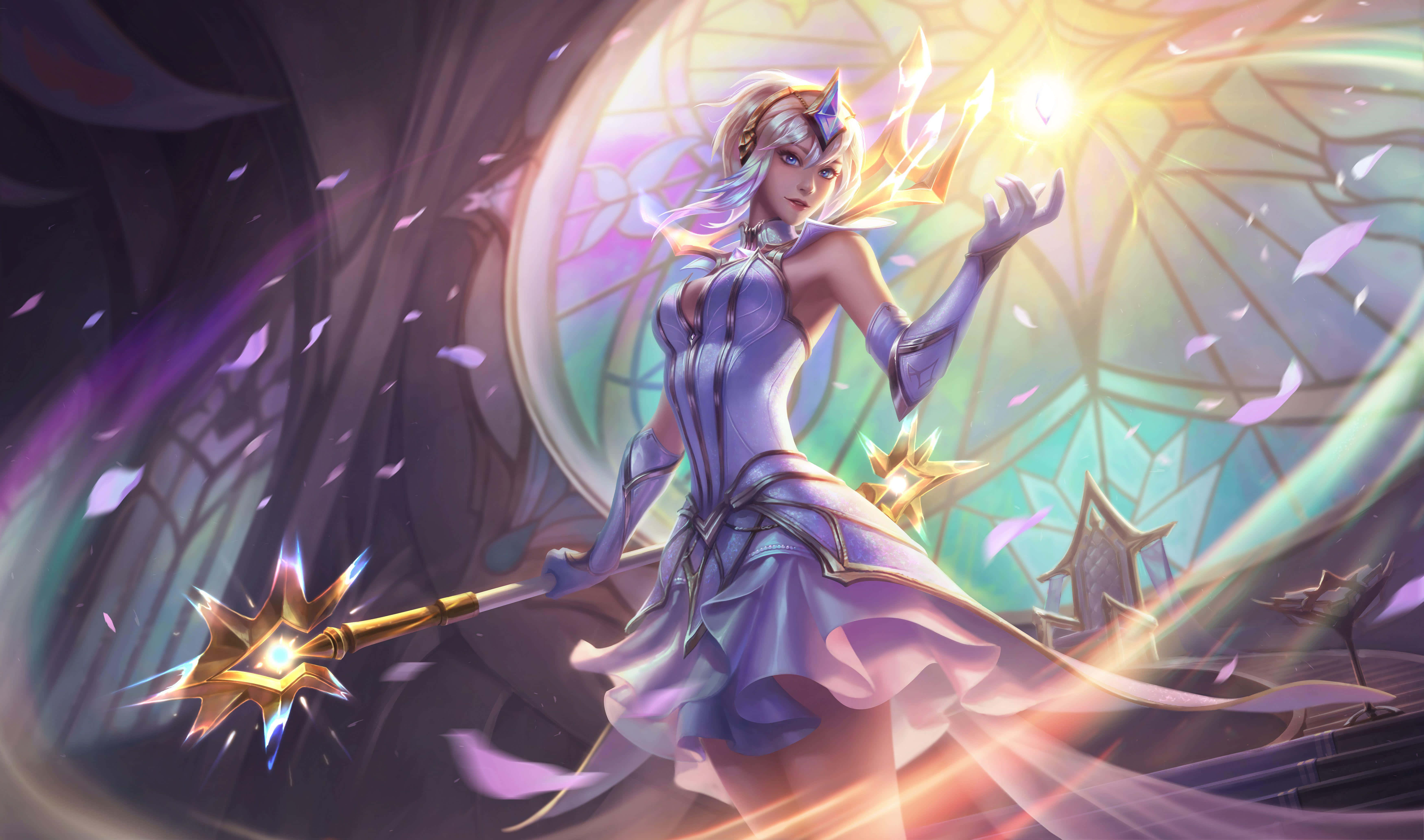 magical light wielder, purple armor, glowing staff, 5K Desktop Wallpaper