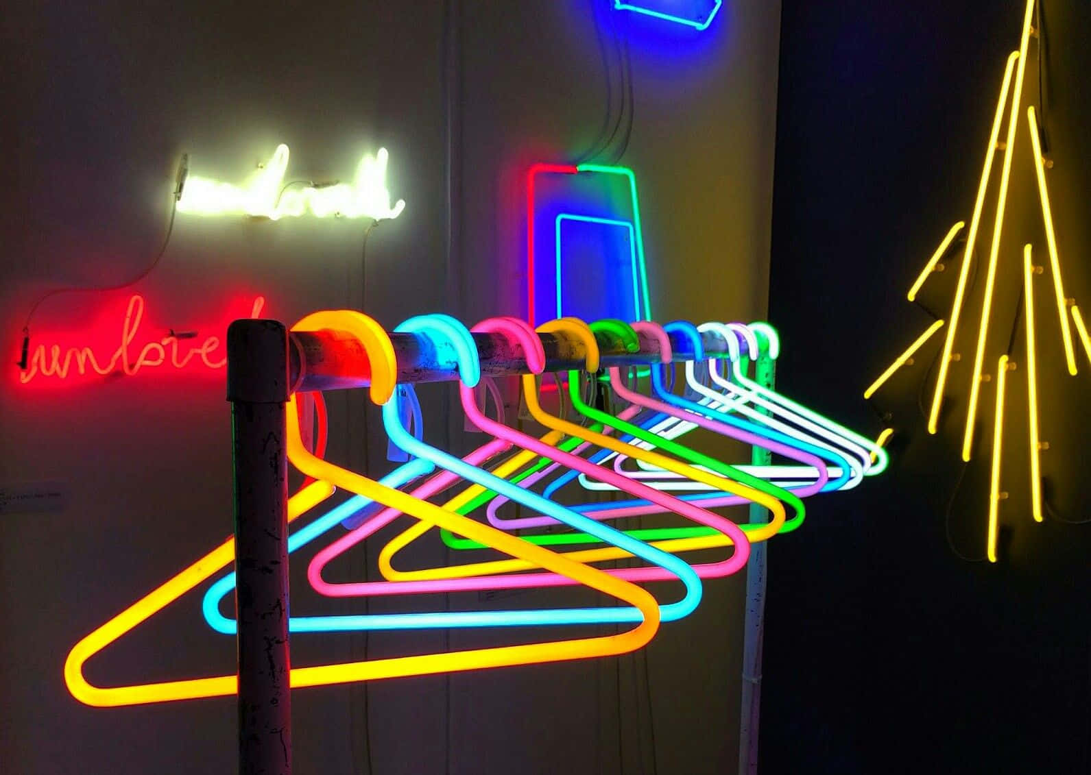 vibrant neon lights, clothing hangers, rainbow hues, HD Desktop Wallpaper