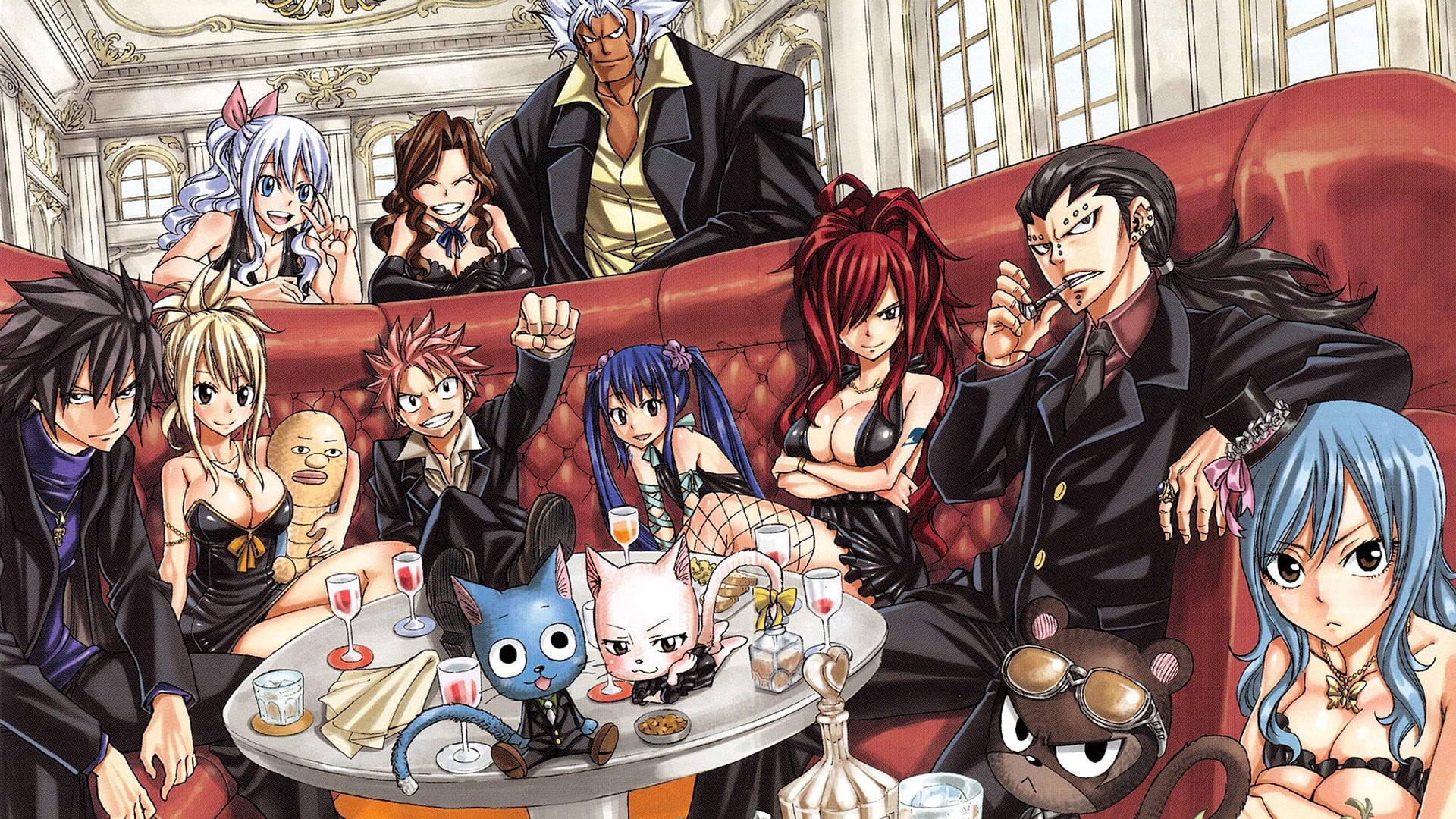 Fairy Tail Characters, elegant party, red velvet couch, Full HD Desktop Wallpaper
