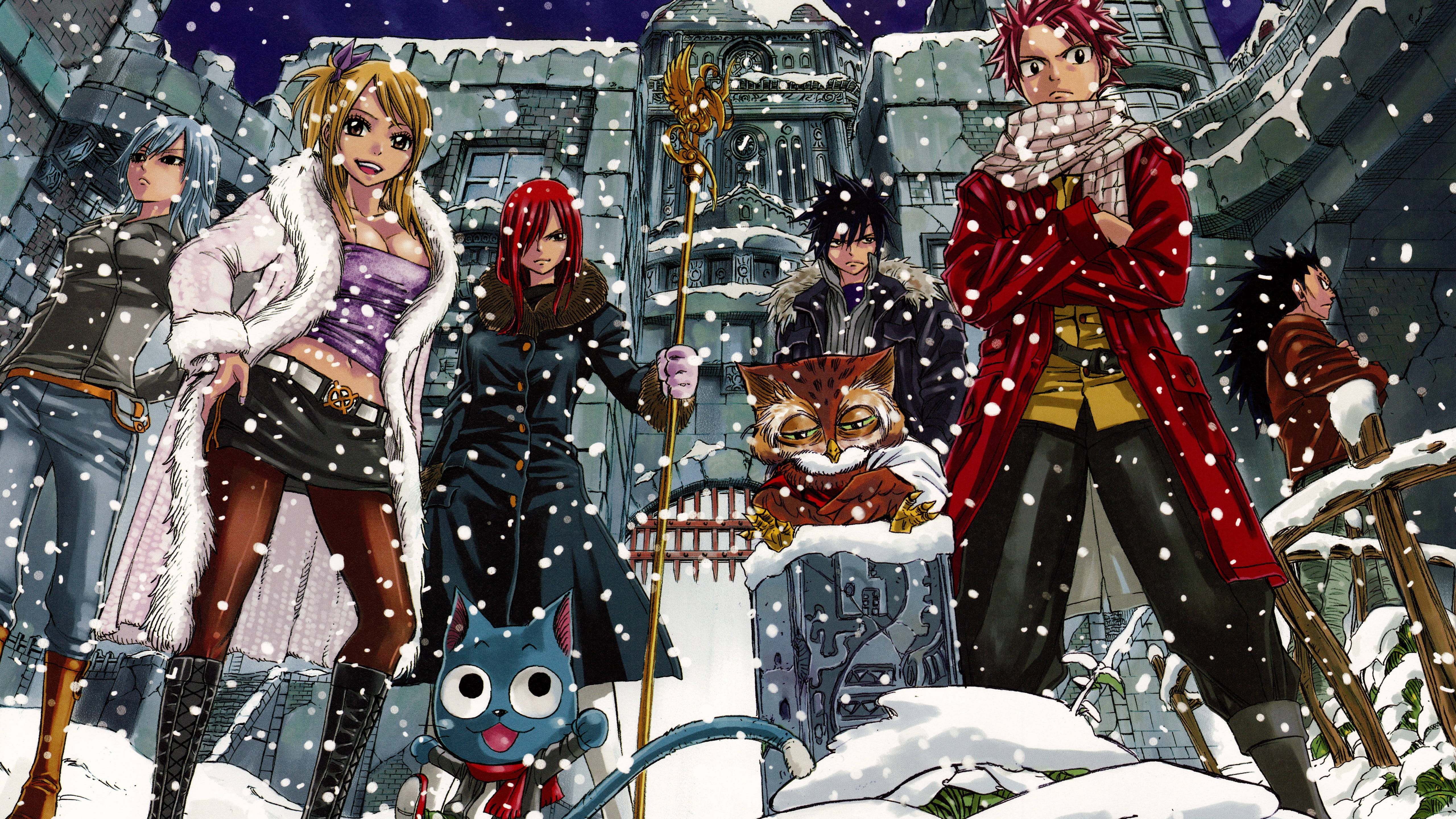Fairy Tail Characters, winter scene, snowy ruined cityscape, 5K Desktop Wallpaper