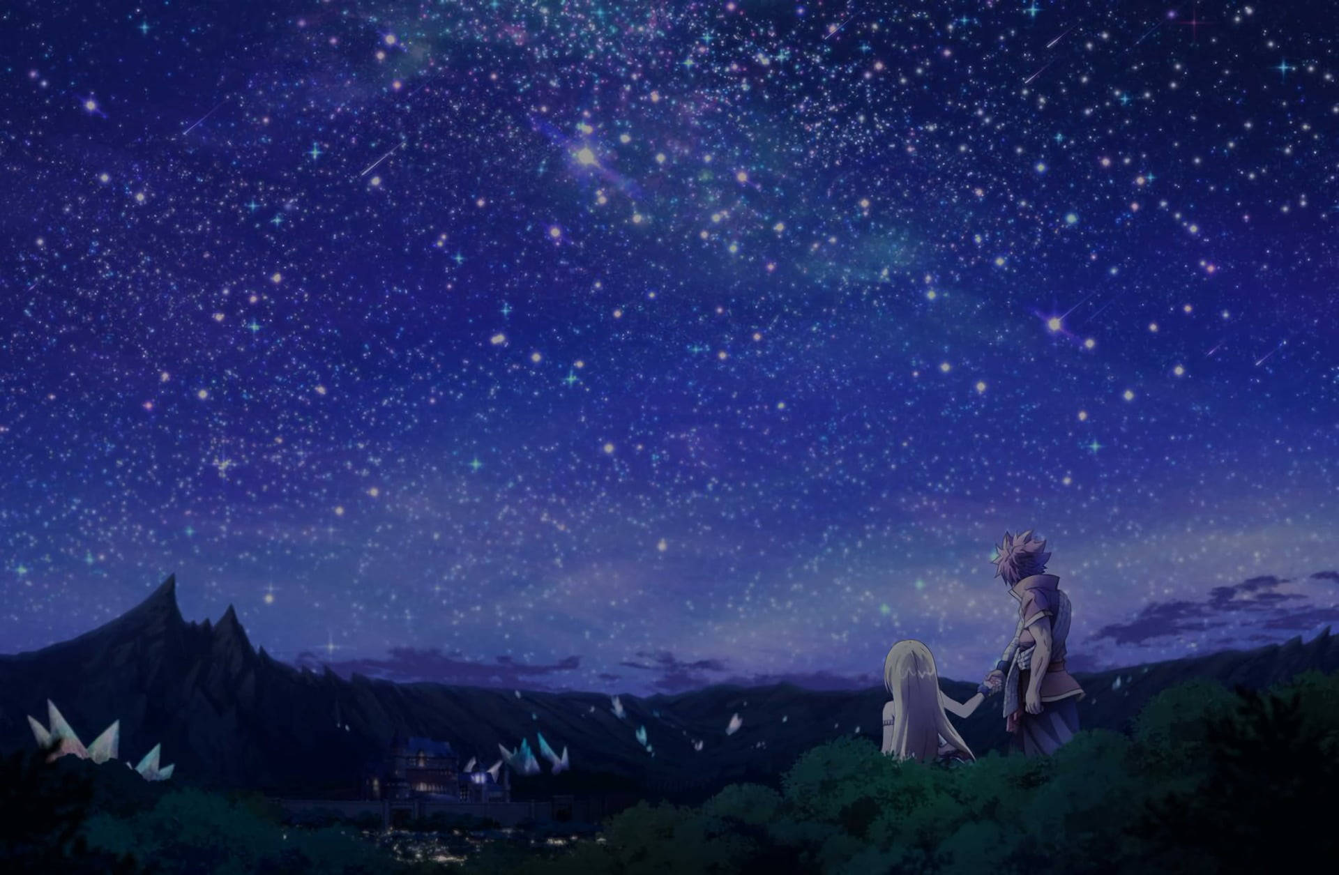 Fairy Tail Characters, starry sky, hill, Full HD Desktop Wallpaper