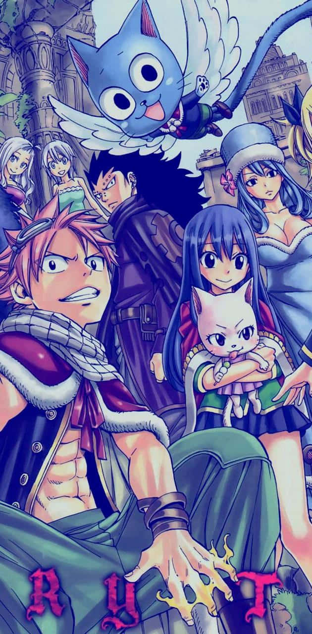 Fairy Tail, blue cat with wings, pink-haired boy with a scarf, HD Phone Wallpaper