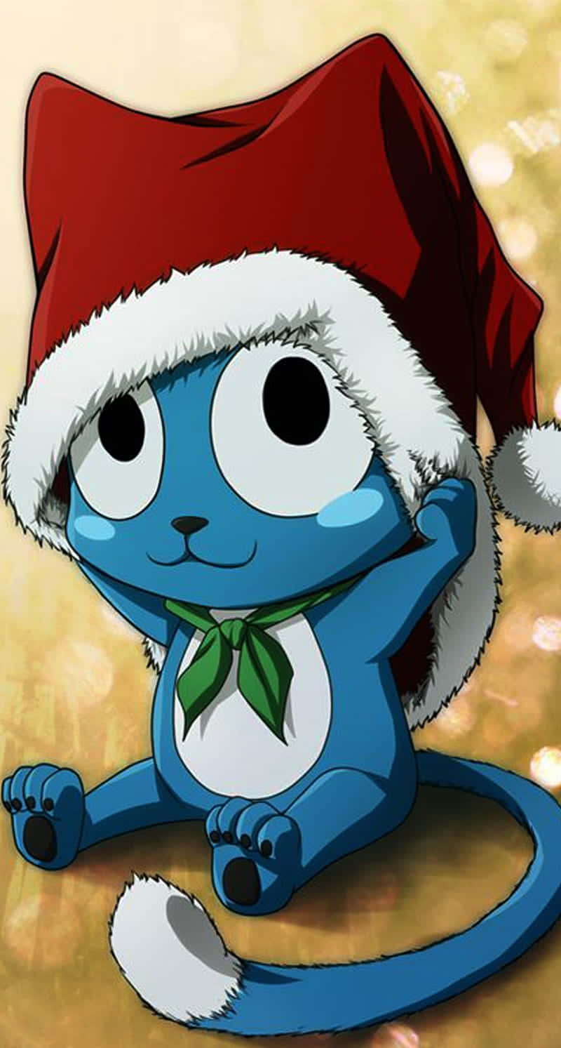 Fairy Tail Happy, blue anime cat, red Santa hat, HD Phone Wallpaper