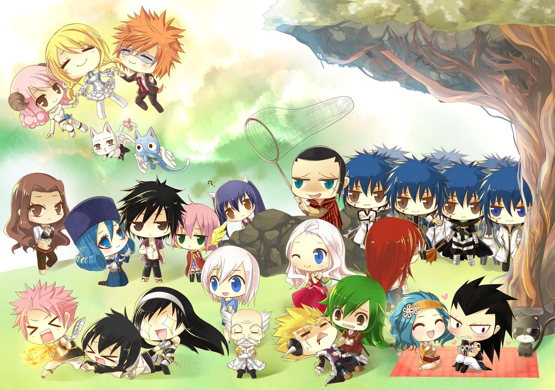 Fairy Tail, chibi characters, tree, Full HD Desktop Wallpaper