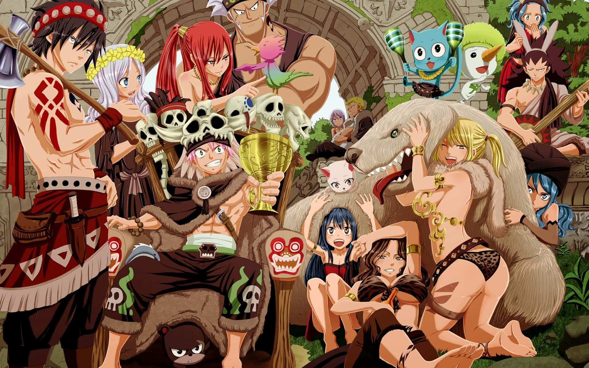 Fairy Tail, guild members, arched stone gateway, Full HD Desktop Wallpaper