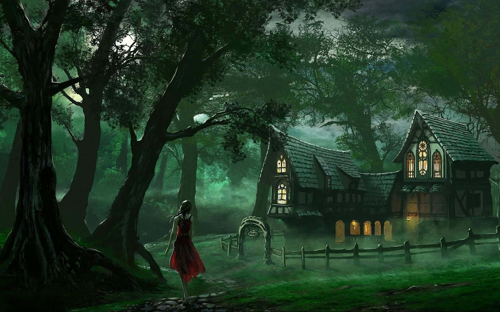Fairy Tale, red dress, glowing house, Full HD Desktop Wallpaper