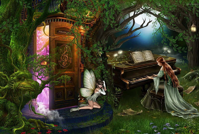 fairy, mystical glowing door, woman playing piano, SD Desktop Wallpaper
