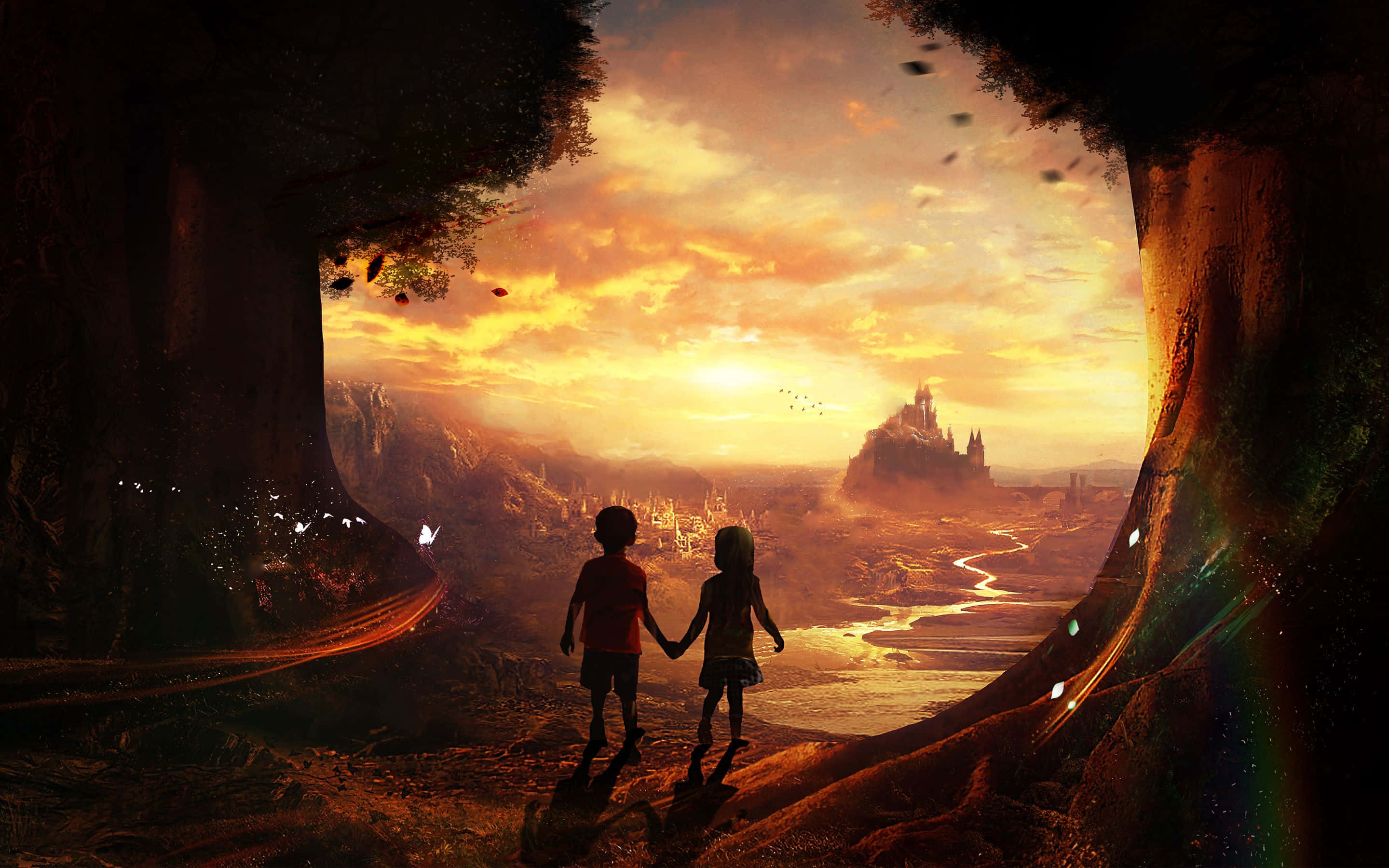 Fairy Tale, glowing forest clearing, distant castle, 2K Desktop Wallpaper