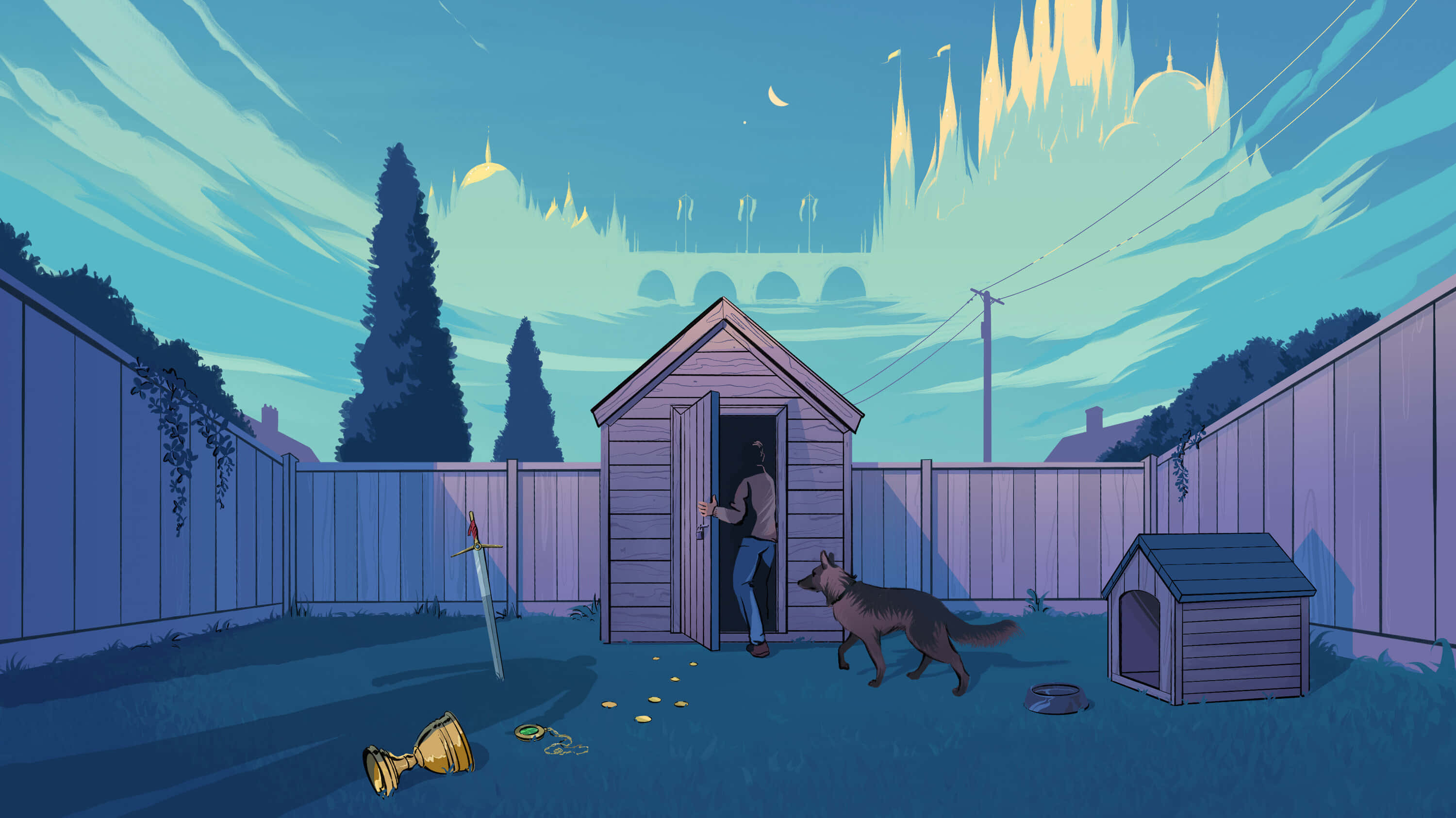 Fairy Tale, twilight, backyard shed, 2K Desktop Wallpaper