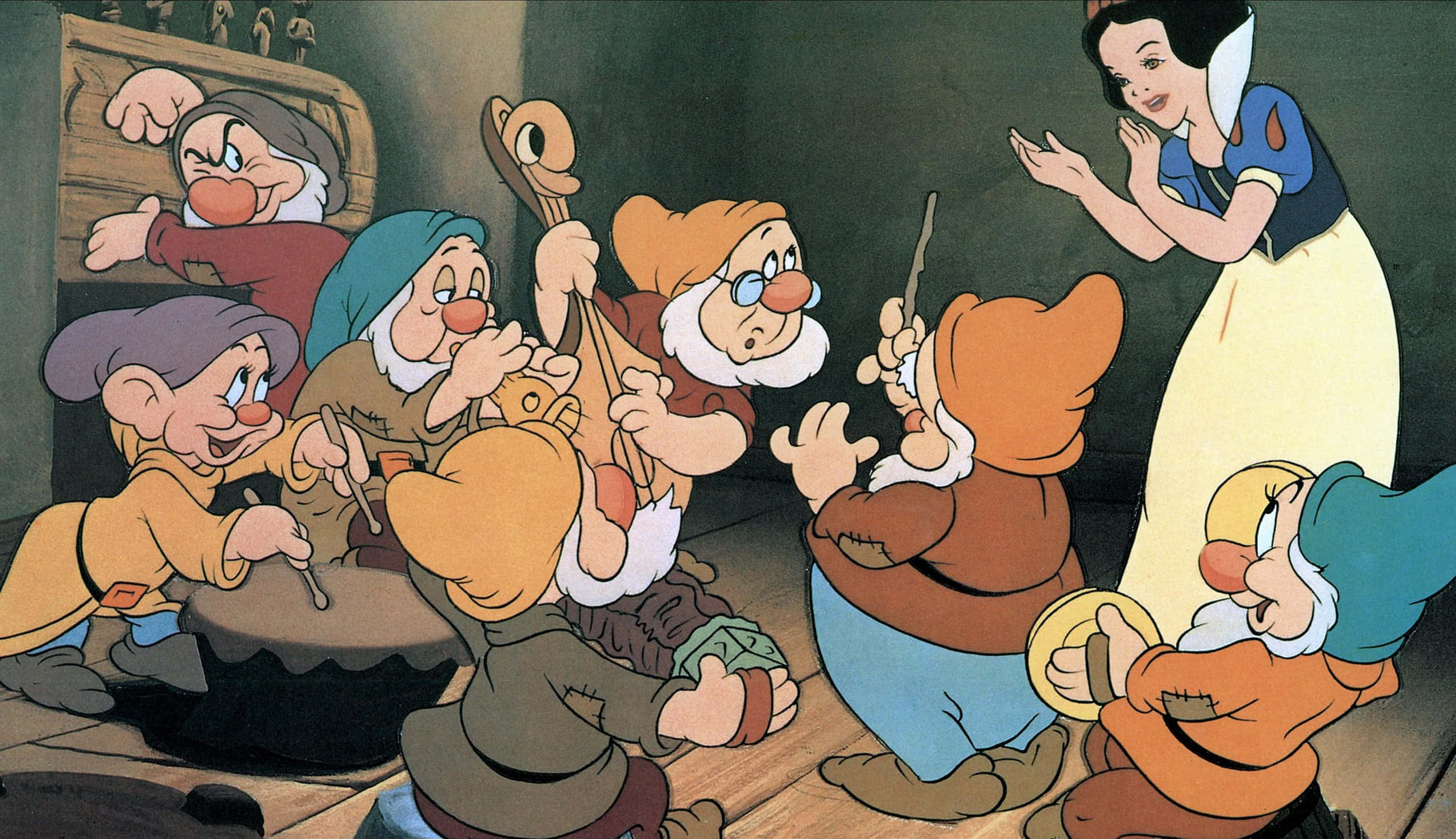 Snow White, seven dwarfs, cozy underground cottage, 2K Desktop Wallpaper