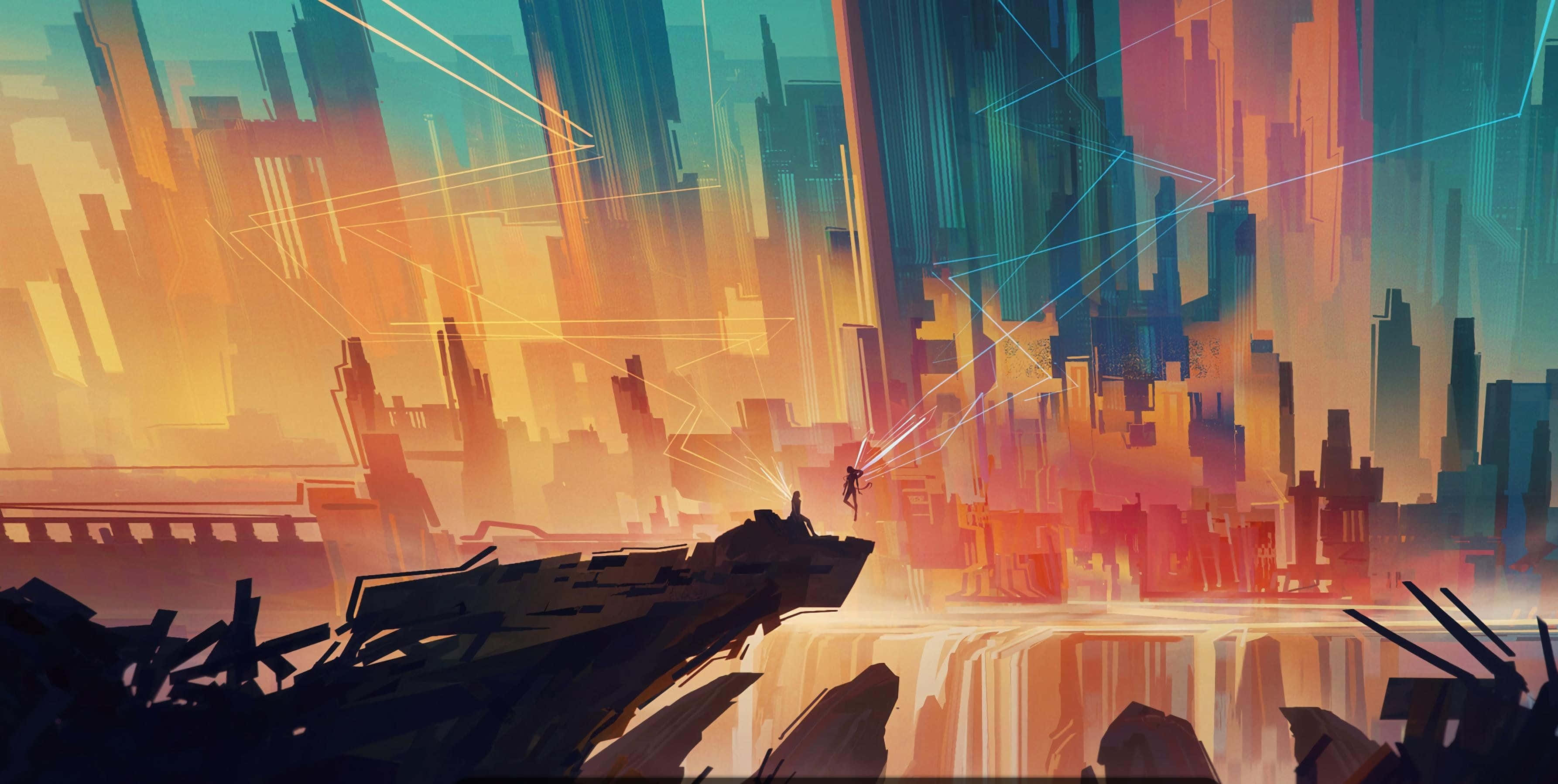 Fairy Tale, cliff edge, futuristic cityscape, 2K Desktop Wallpaper