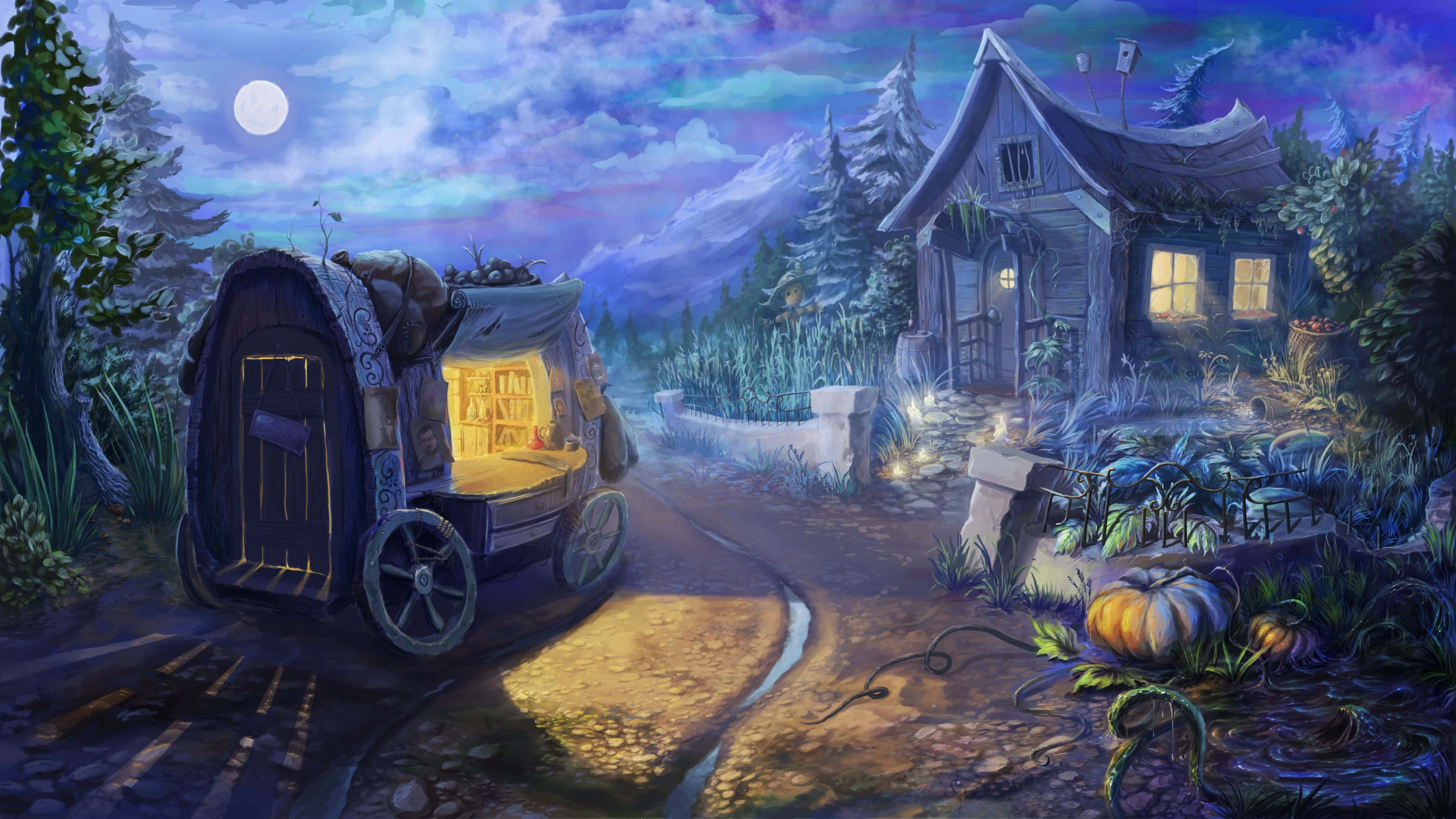 Fairy Tale, cozy wagon, cabin, 4K Desktop Wallpaper