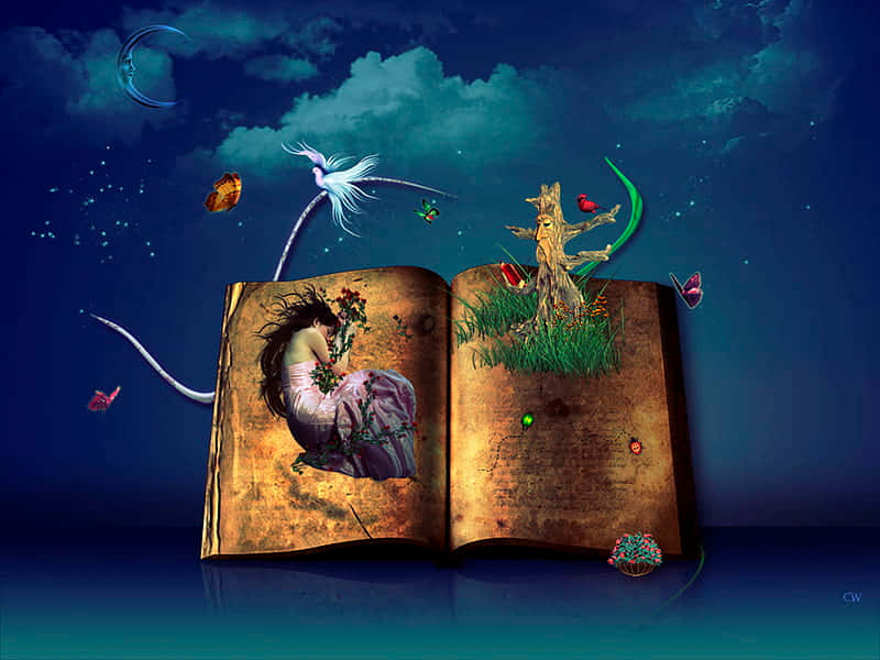 Fairy Tale, ancient book, starry night sky, SD Desktop Wallpaper