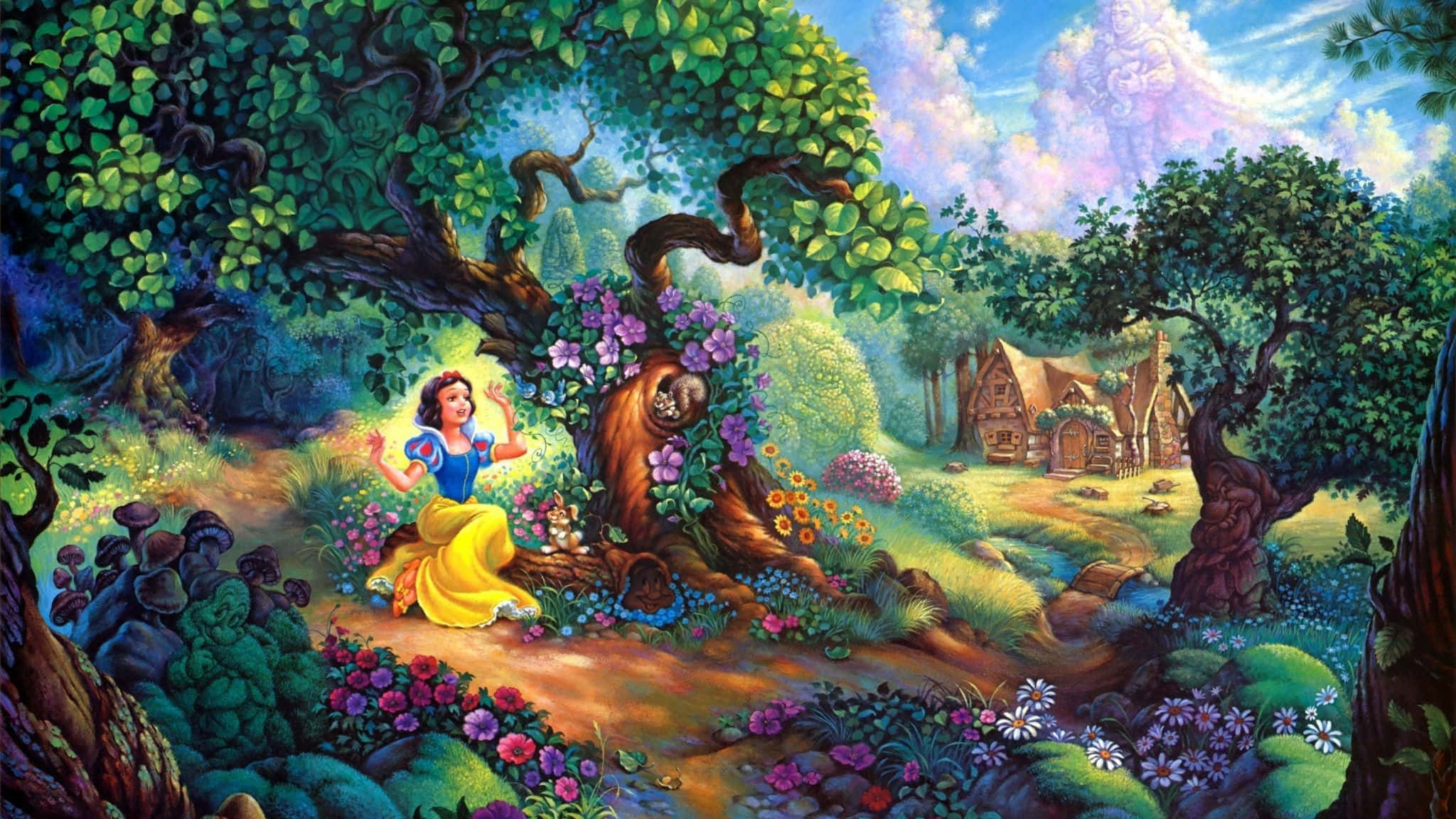 Snow White, blossoming tree, vibrant enchanted forest, Full HD Desktop Wallpaper