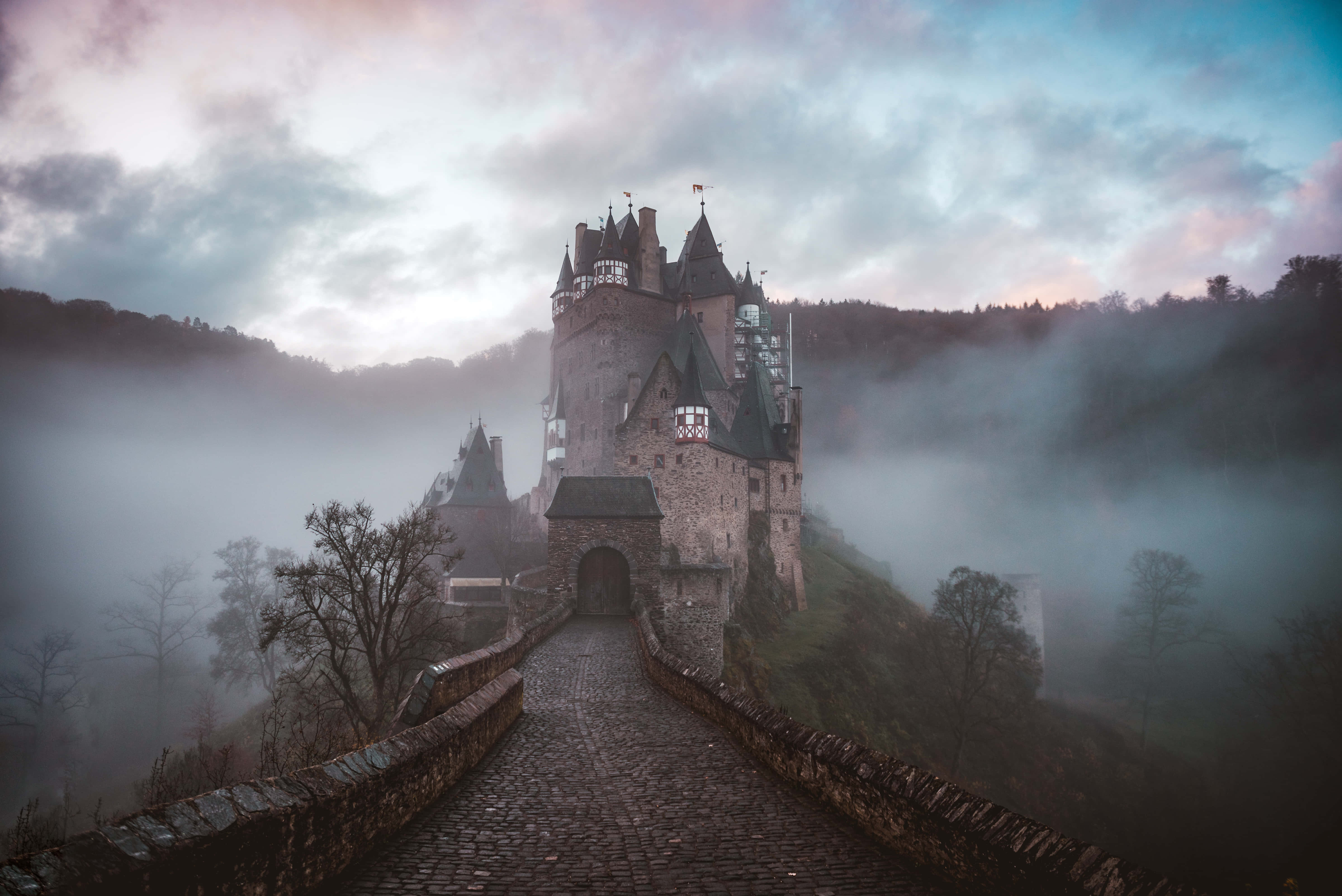 Fairy Tale, misty stone castle, hill, 5K Desktop Wallpaper
