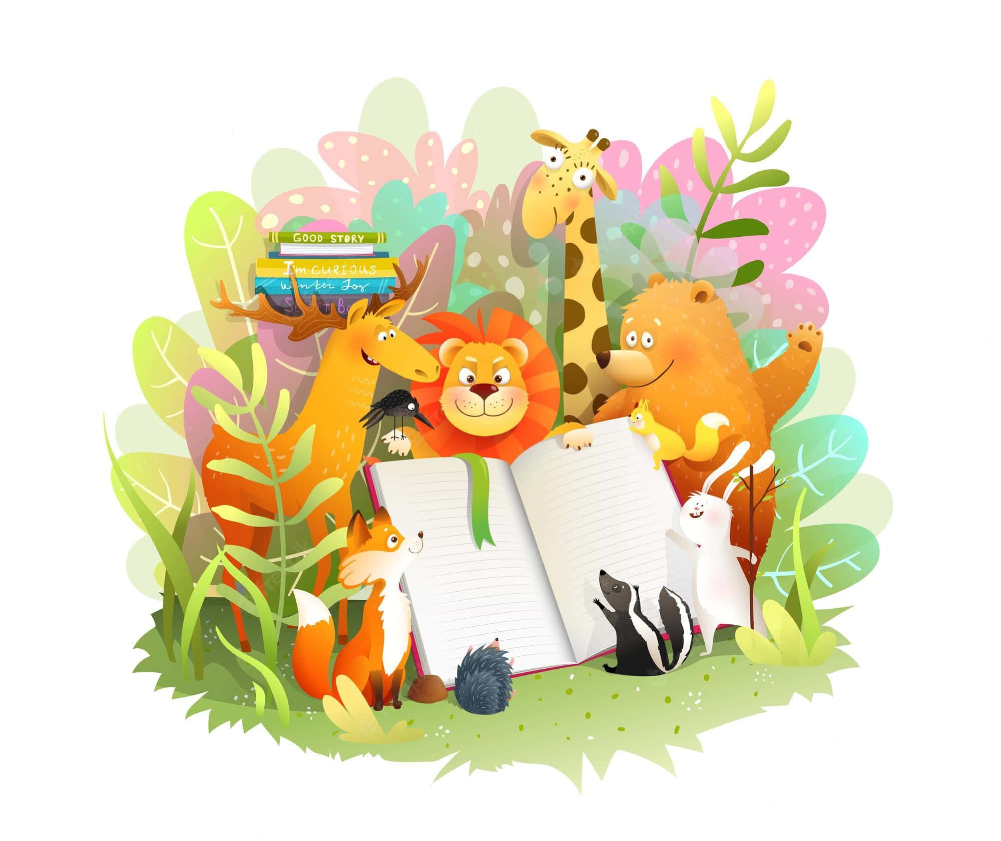 Fairy Tale, cartoon animals, open book, Full HD Desktop Wallpaper