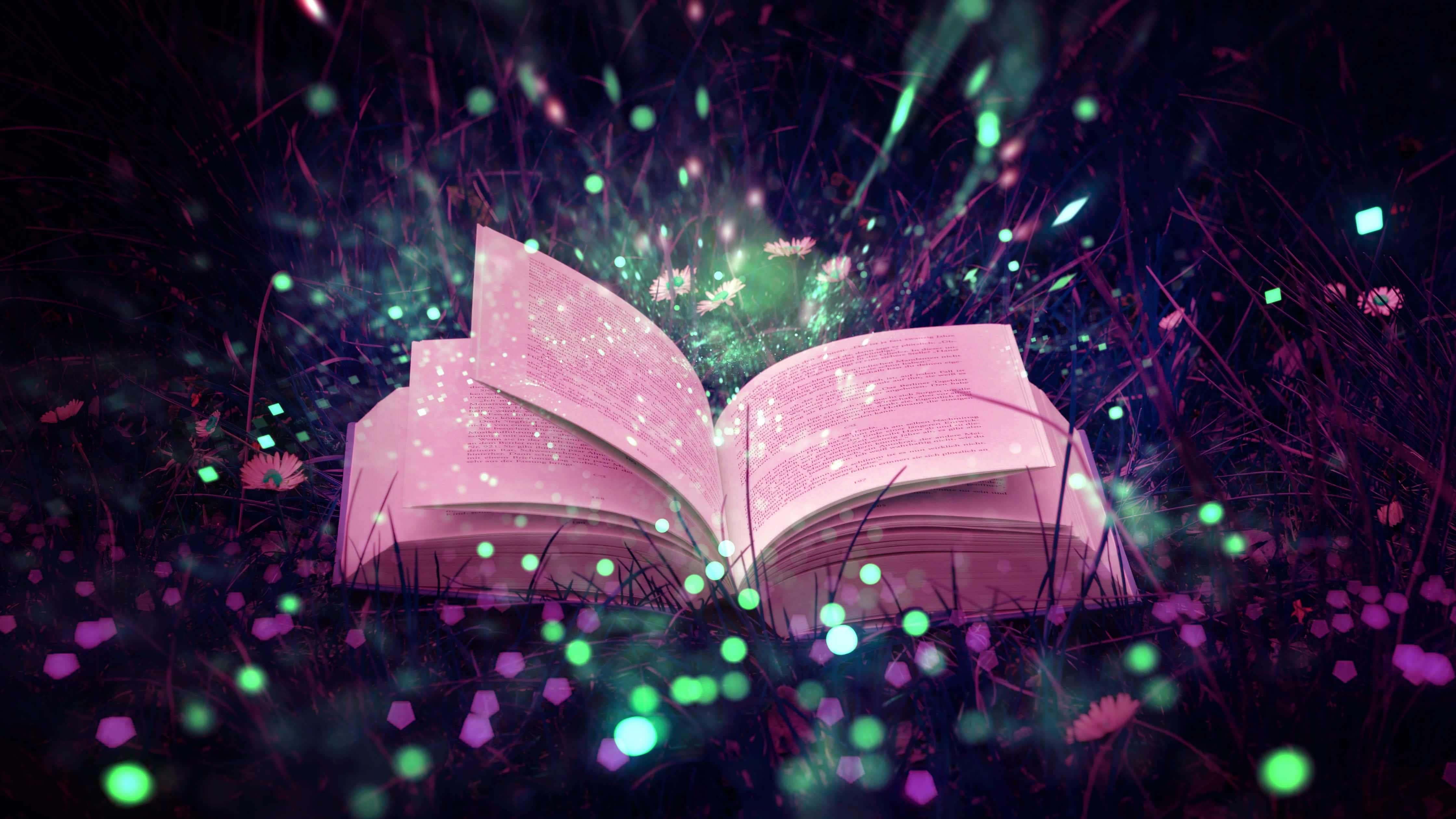 fairy tale, glowing book, magical green and purple lights, 4K Desktop Wallpaper
