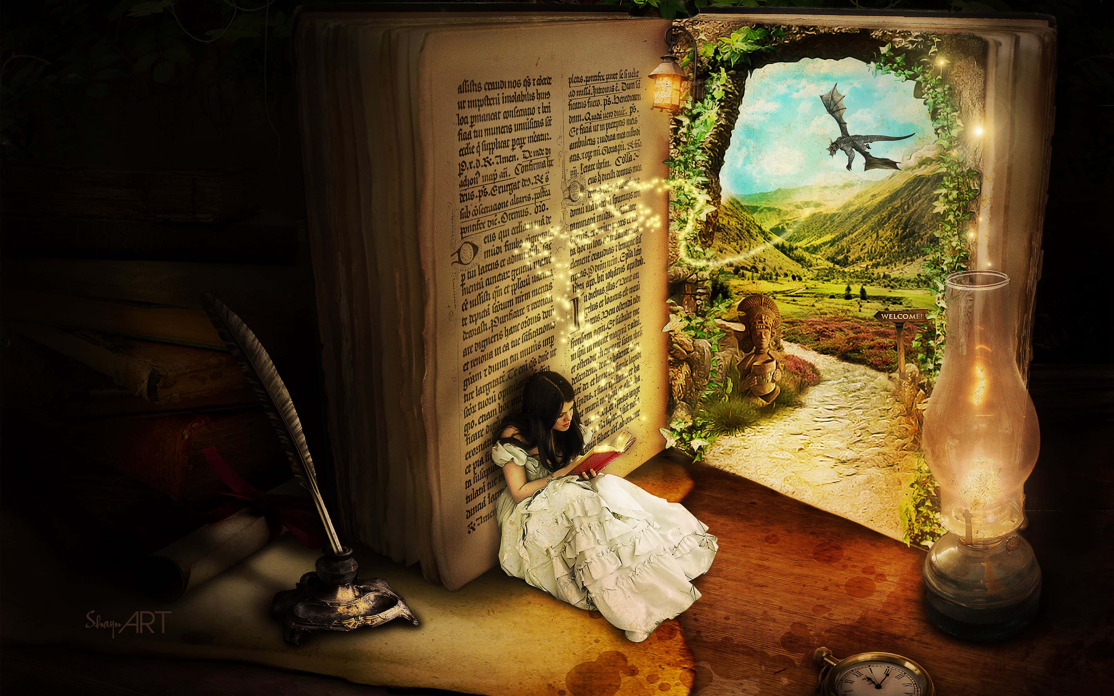 Fairy Tales, girl in a white dress, open book, 4K Desktop Wallpaper
