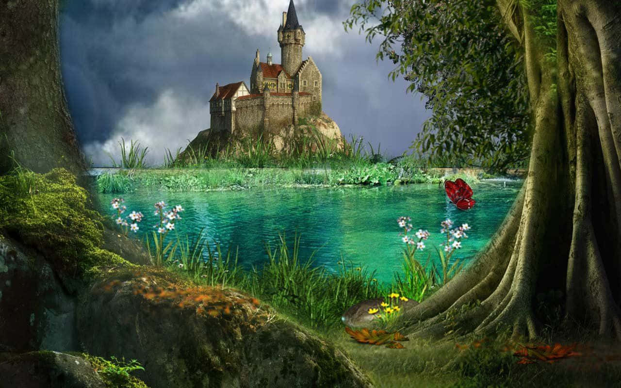 fairy tale, stone castle, rocky island, HD Desktop Wallpaper