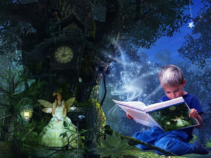 fairy, giant tree, ancient clock, SD Desktop Wallpaper