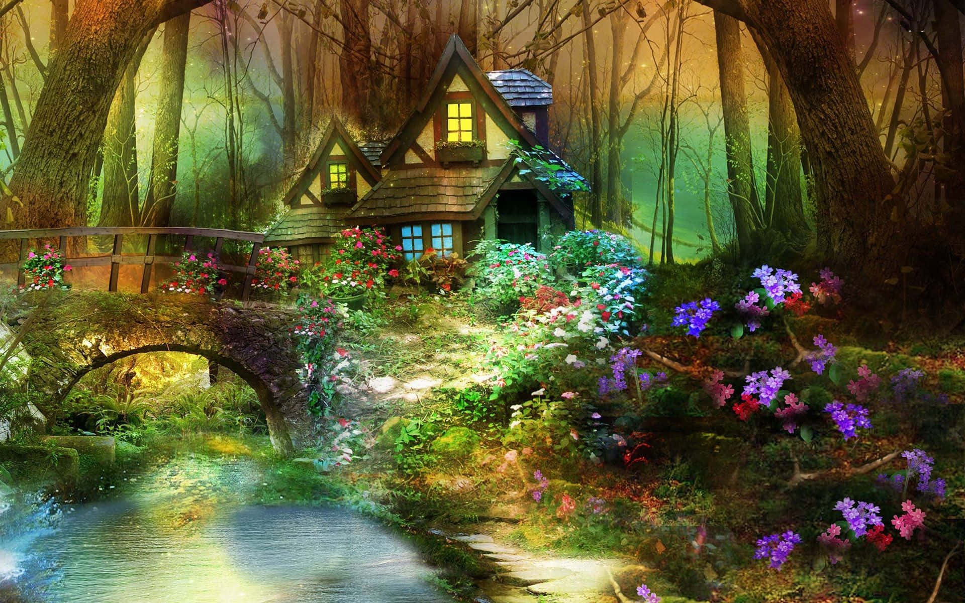 fairy-tale cottage, enchanted forest, stone bridge, Full HD Desktop Wallpaper