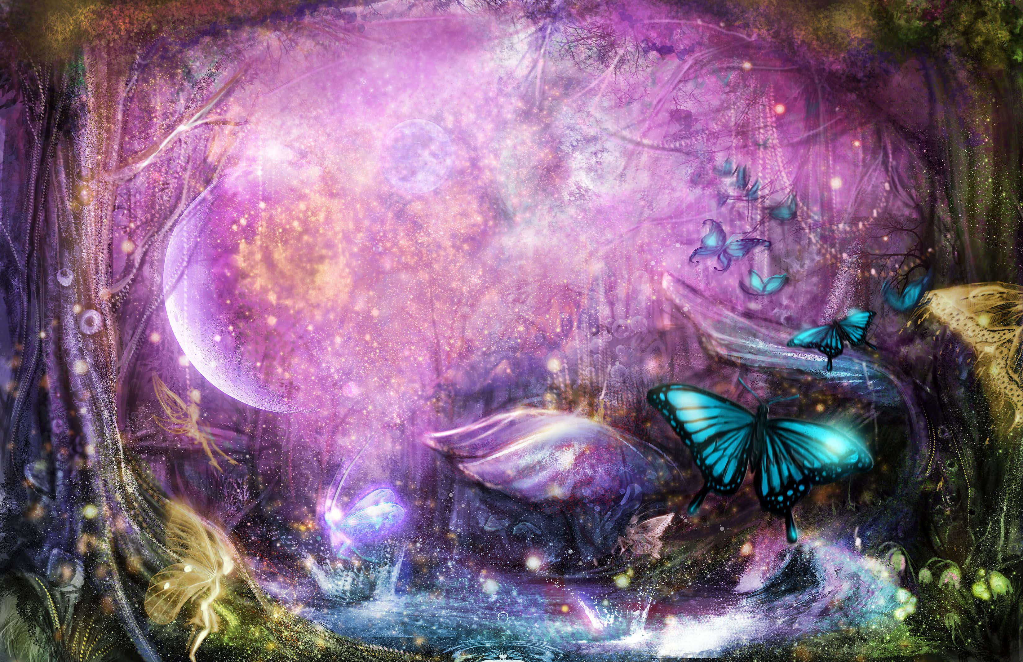 fairy forest, purple light, glowing butterflies, 2K Desktop Wallpaper