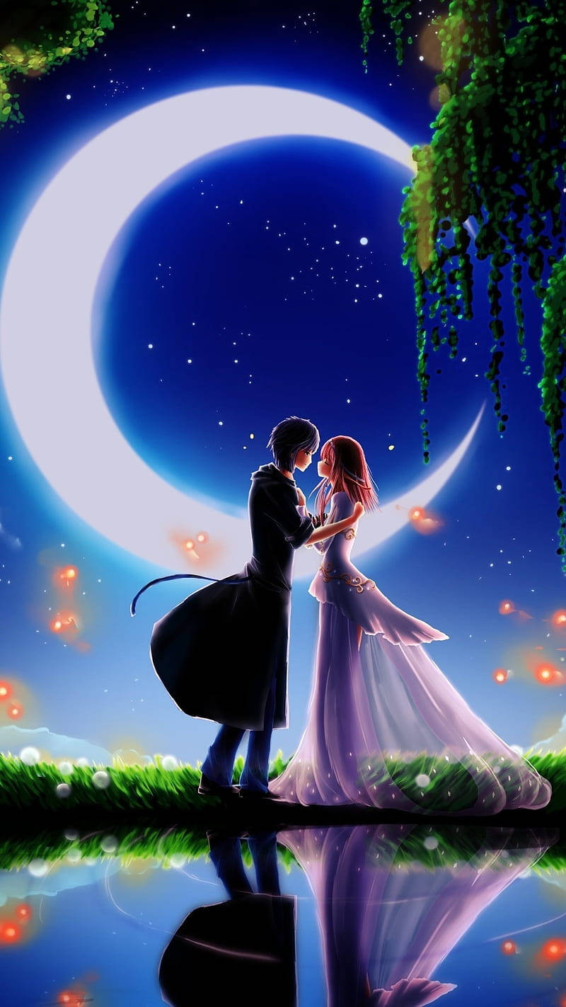 Fairy Tale Love Cartoon, crescent moon, water, HD Phone Wallpaper