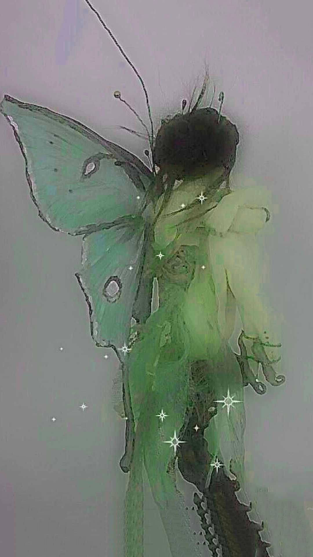 translucent green fairy, moth-like wings, sparkling stars, Full HD Phone Wallpaper