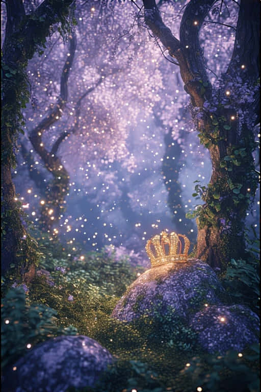 glowing golden crown, mossy rock, mystical forest, SD Phone Wallpaper