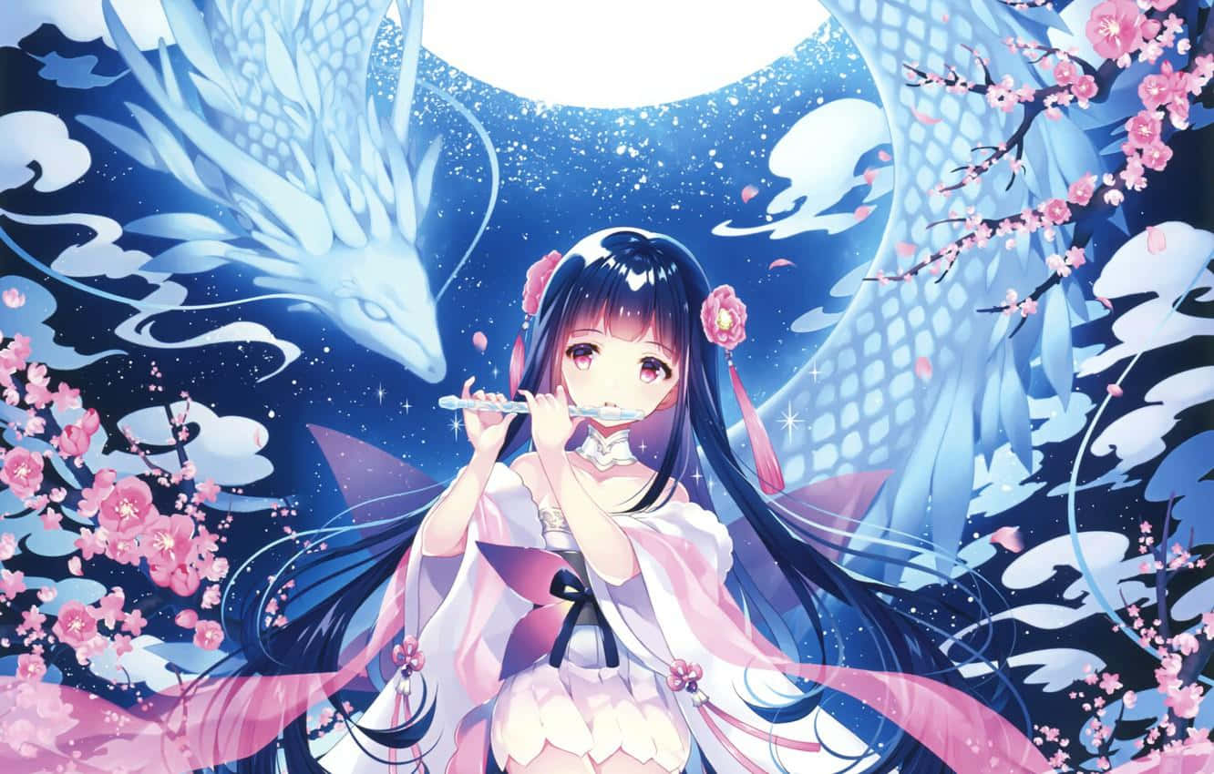 flute playing fairy, anime girl, pink kimono, HD Desktop Wallpaper