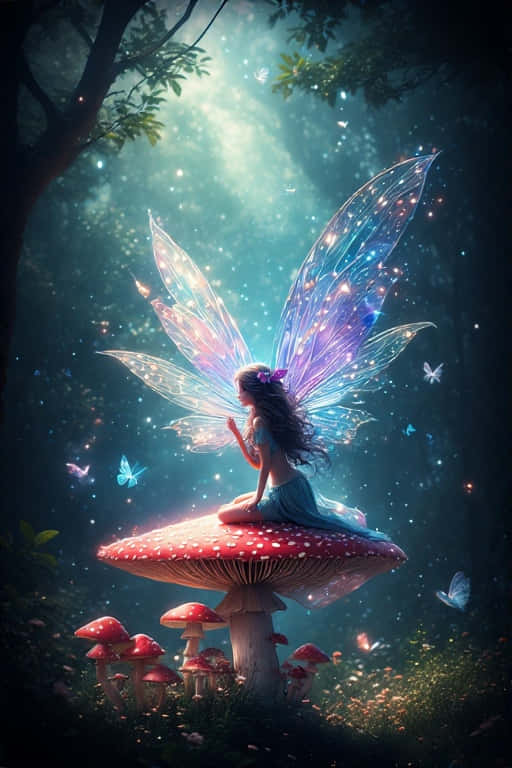 fairy, glowing translucent wings, giant red mushroom, SD Phone Wallpaper