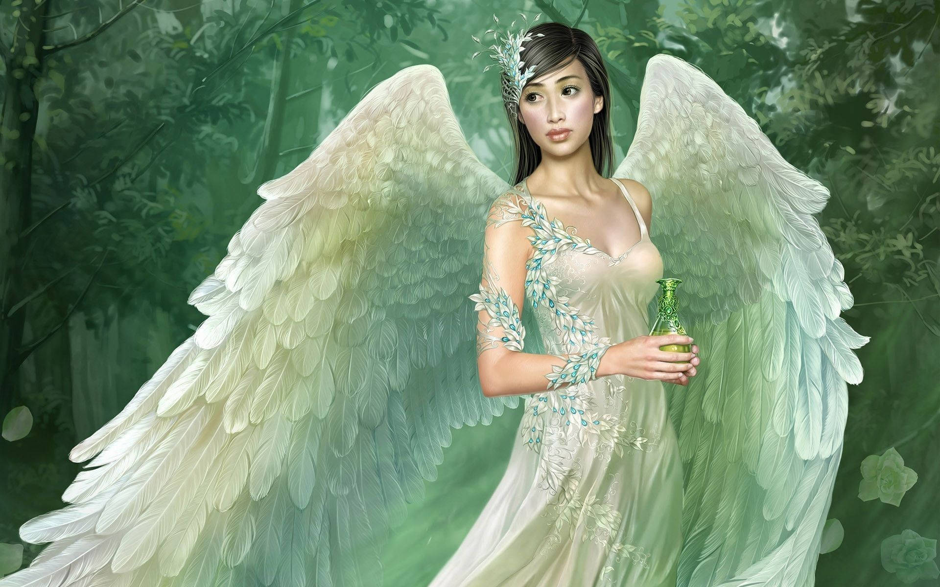 Simple Fairy With Wings, large white wings, misty green forest, Full HD Desktop Wallpaper