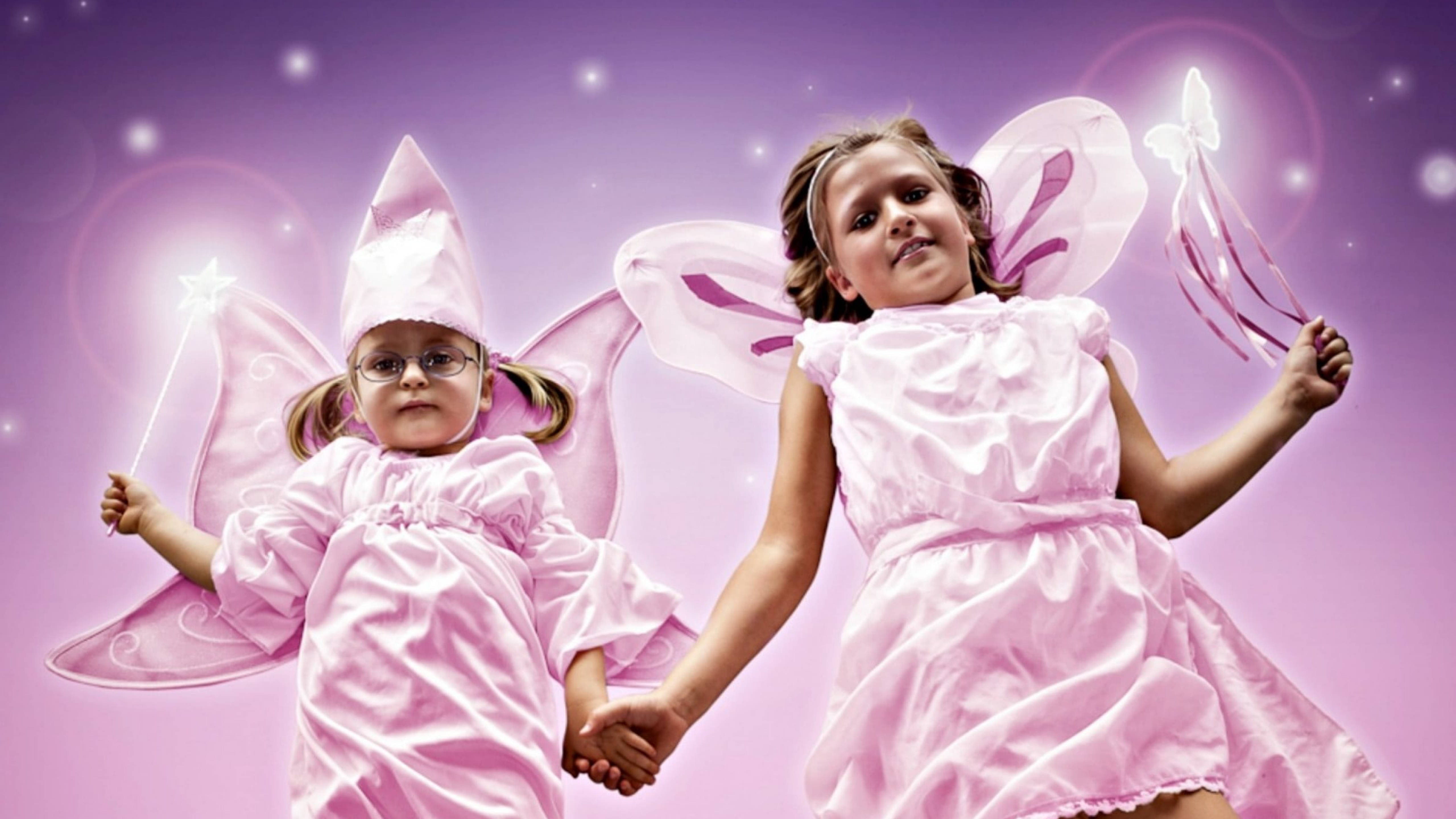 girls, pink fairy costumes, glowing purple background, 5K Desktop Wallpaper